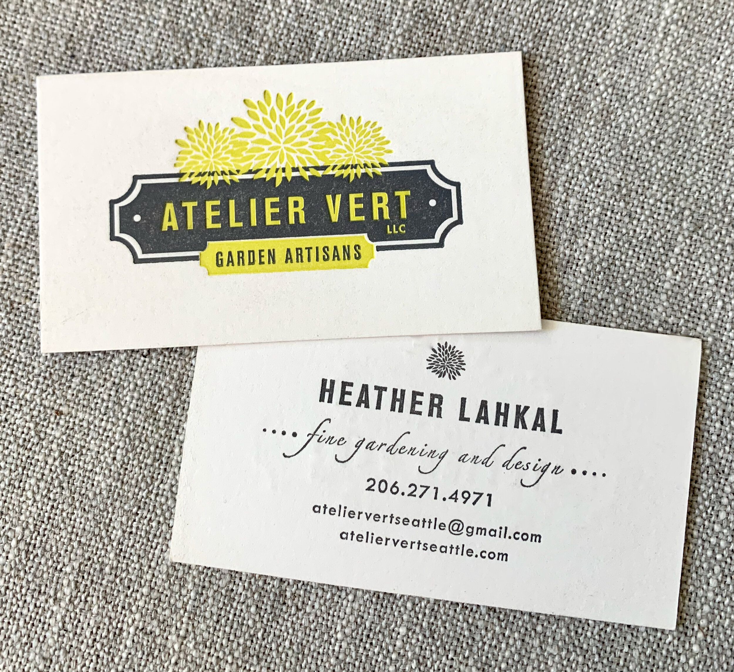 Logo and Letterpress Business Card for Atelier Vert Garden Artisans