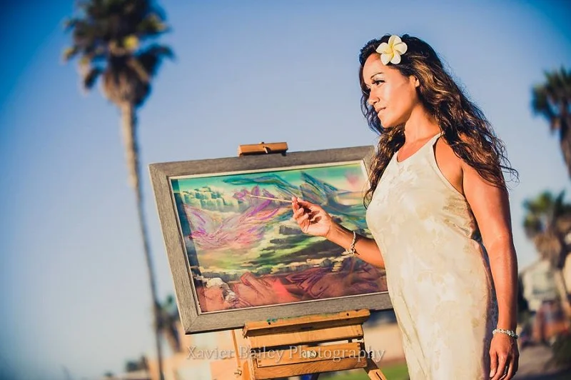 Angel Starlight can often be found painting en plein air and featured as a Live Artist in San Diego, California. She transforms recycled materials into Art that celebrates the beauty around us.