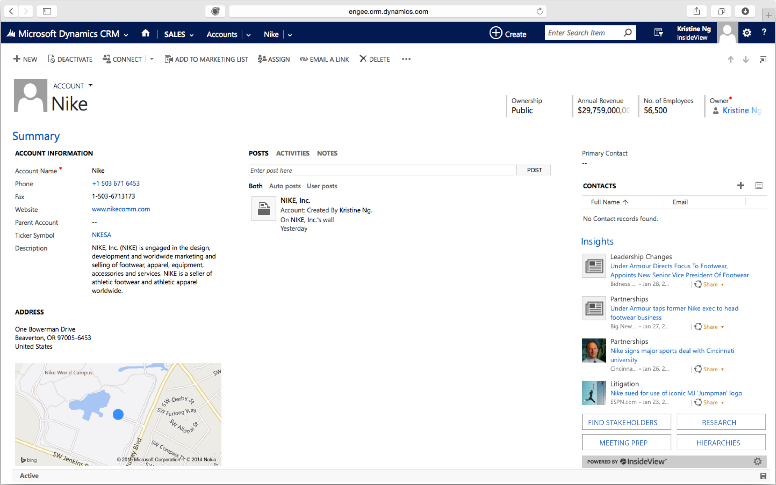 The mashup view of Insights within a MSFT Dynamics CRM account page. 