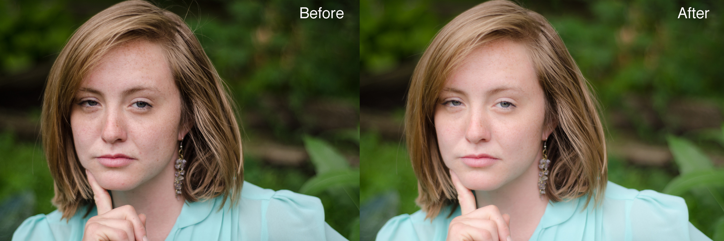 Image on Left: Overall Darker, conveying shadows along on the subjects face, skin blemishs, and low contrasting tones. Image on Right: Face is brighter, tones are richer, skin is smoother. 