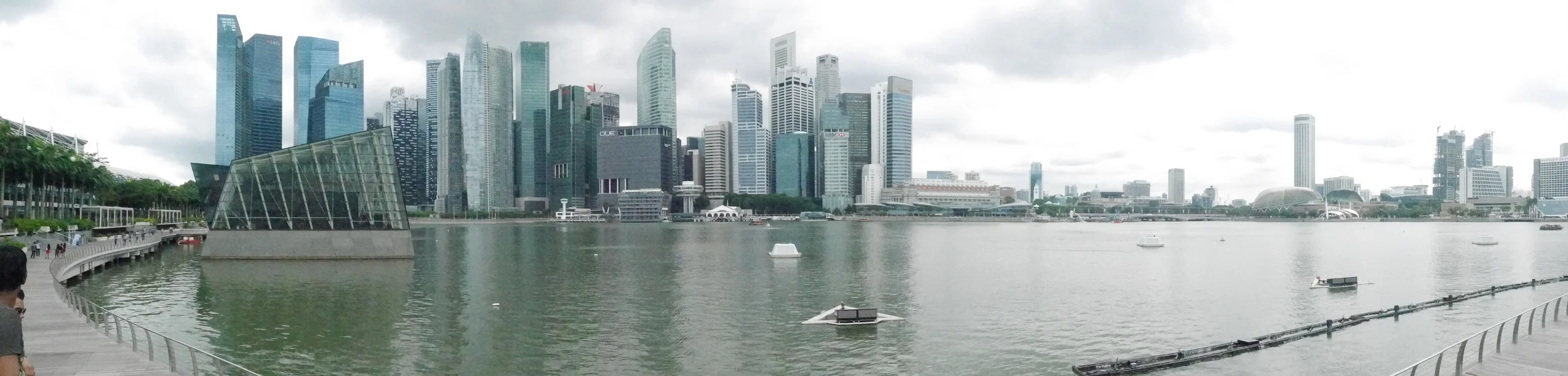The Singapore skyline from the Marina Bay Sands shopping center. Also apparently a boat cutting through my panorama.