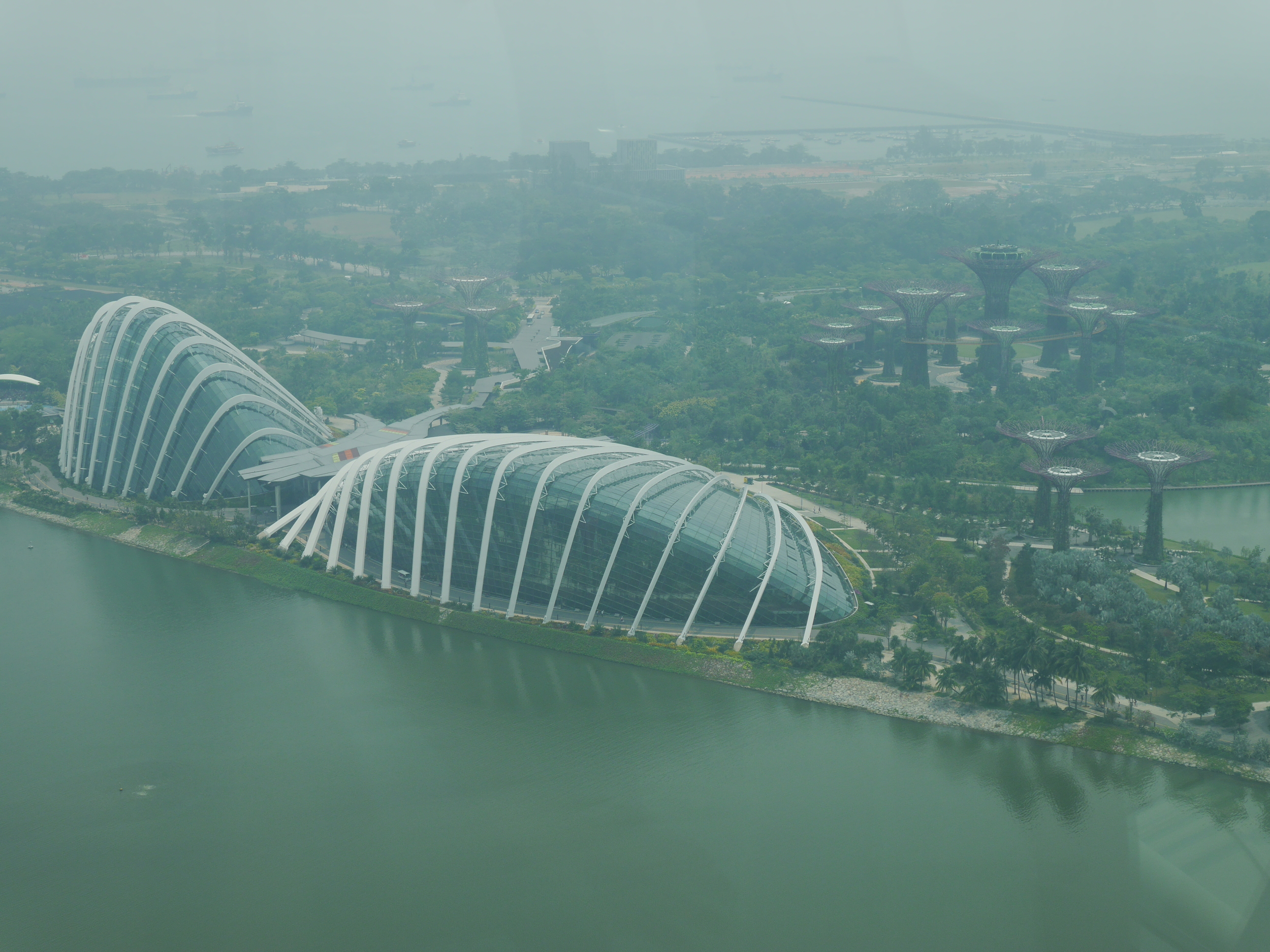  The Gardens by the Bay from above. Cloud Forest dome on the left, Flower Dome in the middle, and the Supertree Grove towards the back right. 