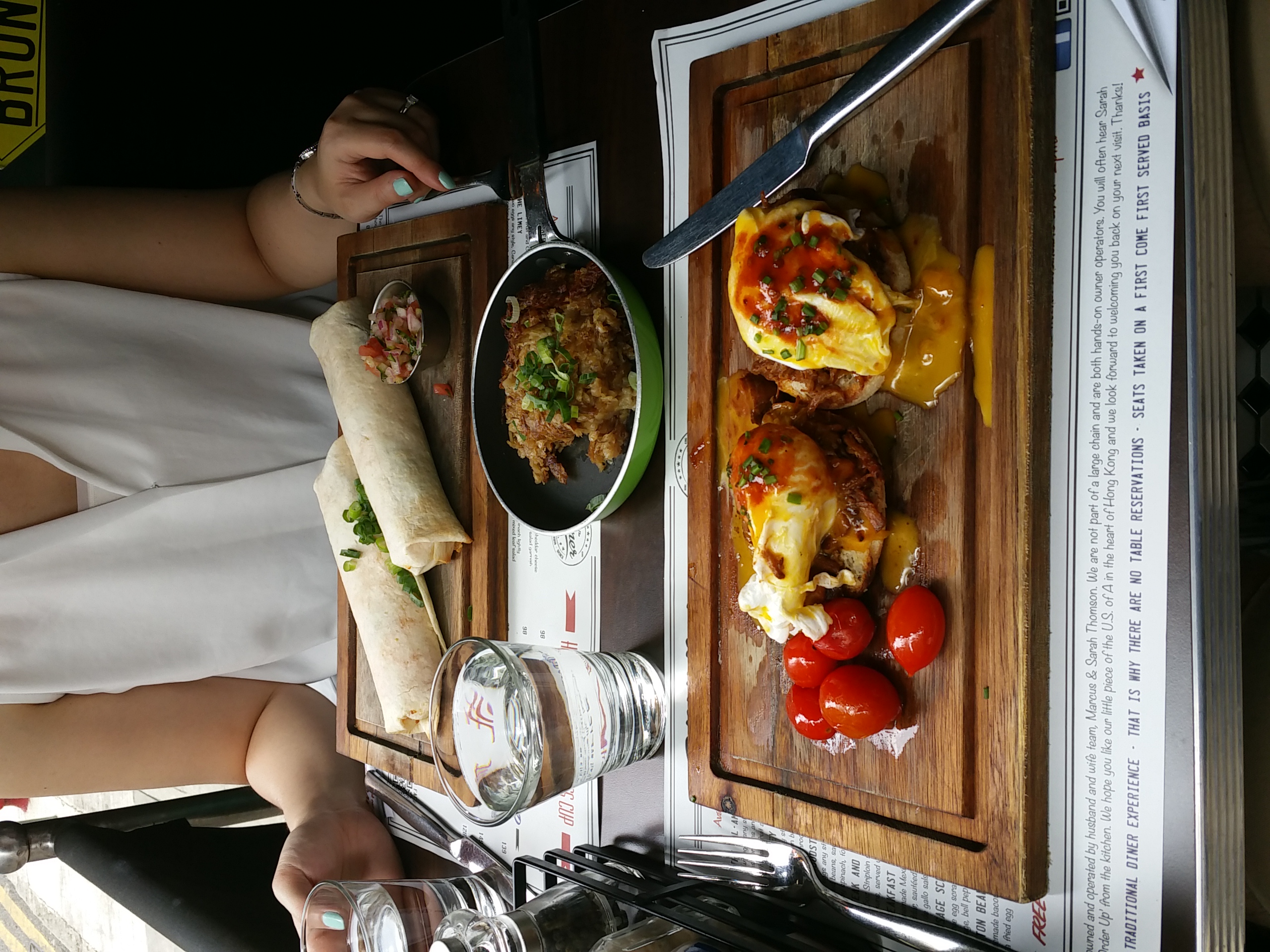  Breakfast burritos, hash browns, and an eggs Benedict variant. Delicious, though maybe not the most authentic diner food. 