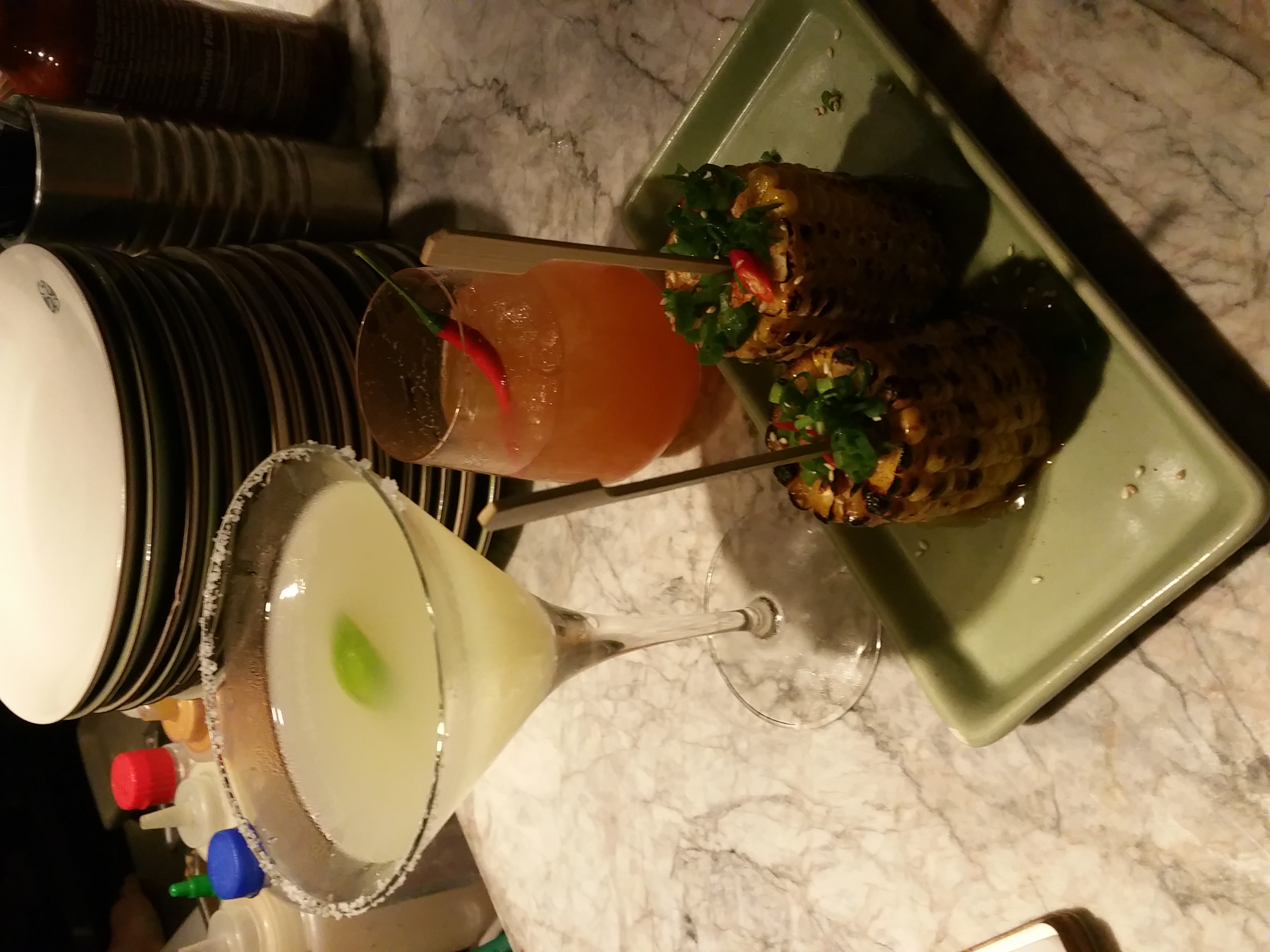  I got the Kaffir Lime Margarita, Grace got the Srirachelada, and we split the corn. Yum. 