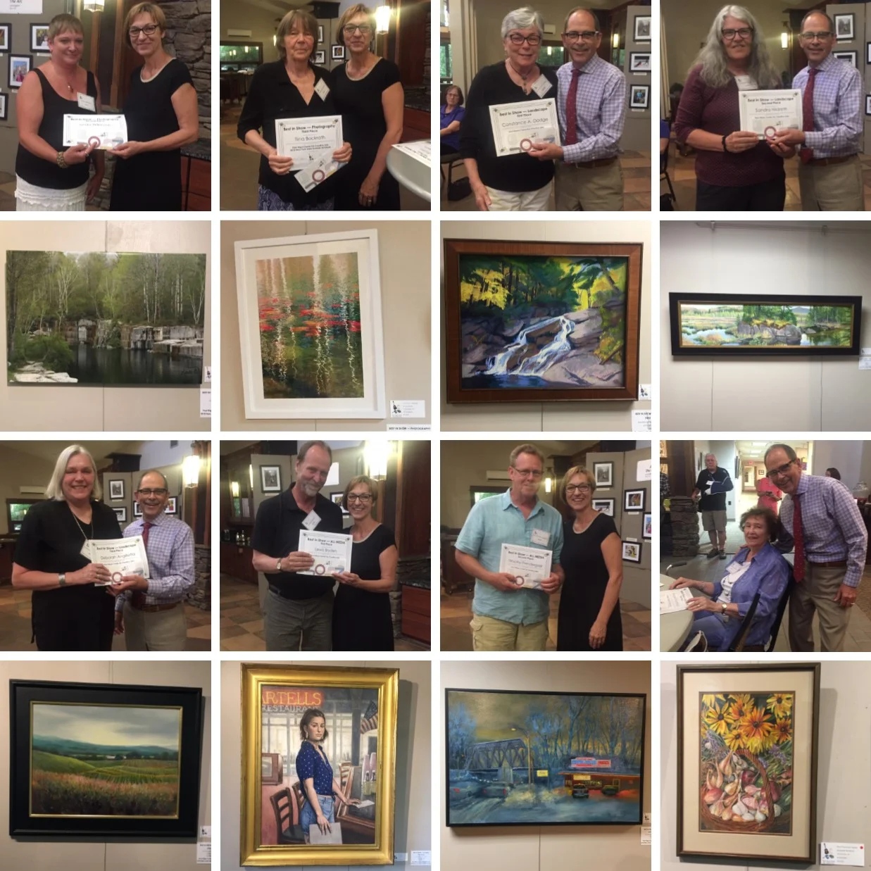 Awards were presented to winners by Brenda Dwyer, gallery administrator of the Nigra Arts Center, and Wally Hart, executive director of the Nigra Arts Center. Pictured in the first row, from left to right, are Linda Wilkinson, Tiina Bockrath, Constance A. Dodge and Sandra Hildreth accepting their awards. Pictured in the second row are “Marble Quarry” by Linda Wilkinson, “Koi Pond – Feeding” by Tiina Bockrath, “Hope Falls” by Constance A. Dodge and “Barnum Brook, May” by Sandra Hildreth. Pictured in the third row are Deborah Angilletta, Lewis Bryden, Timothy Prendergast and Margaret Bromford accepting their awards. Pictured in the fourth row are “Fly Creek Evening” by Deborah Angilletta, “Seafood” by Lewis Bryden, “Mike’s” by Timothy Prendergast and “Meet the Onion Family” by Margaret Bromford.