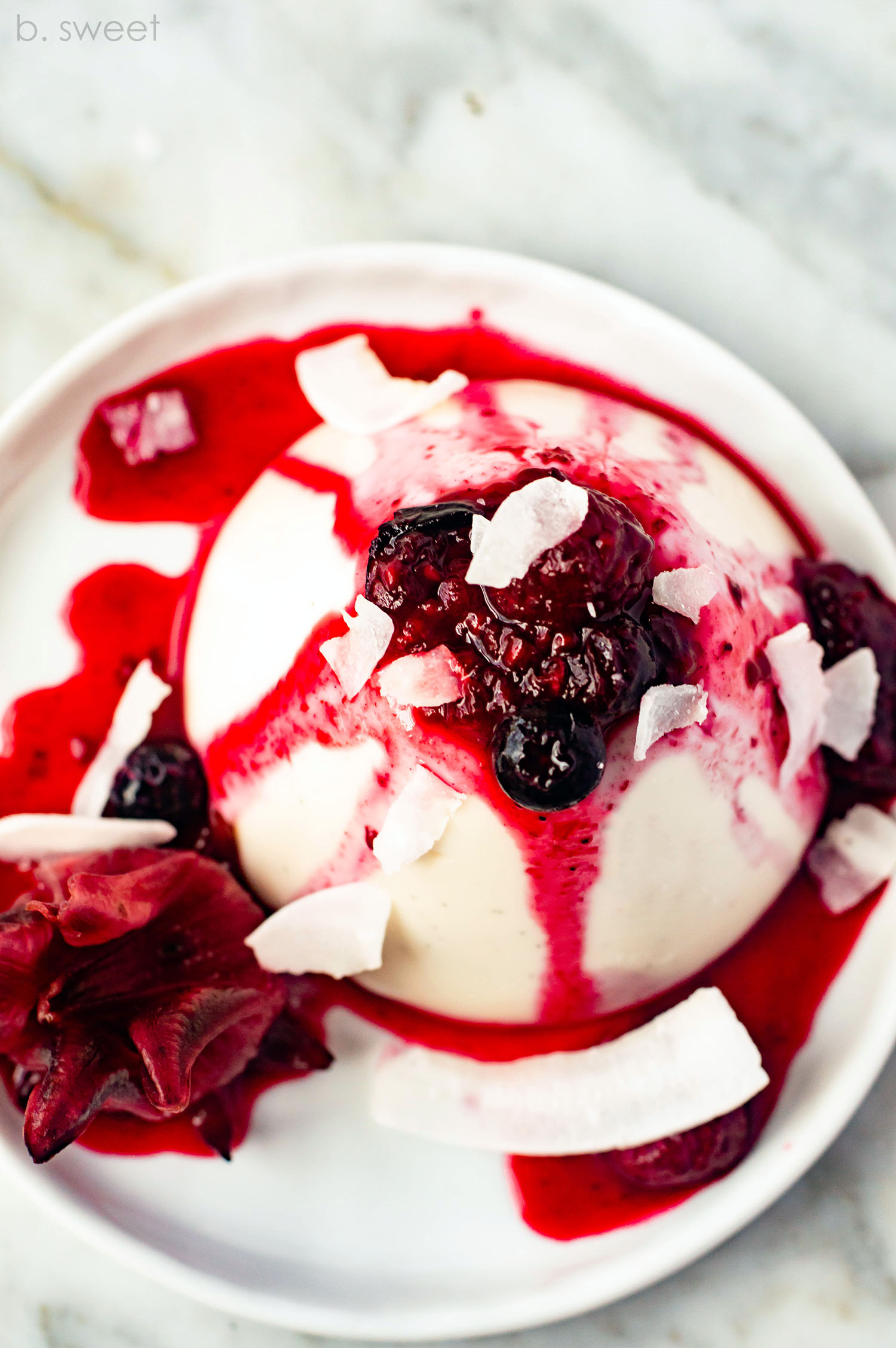 Vanilla Coconut Panna Cotta with Hibiscus Berry Sauce — b. sweet