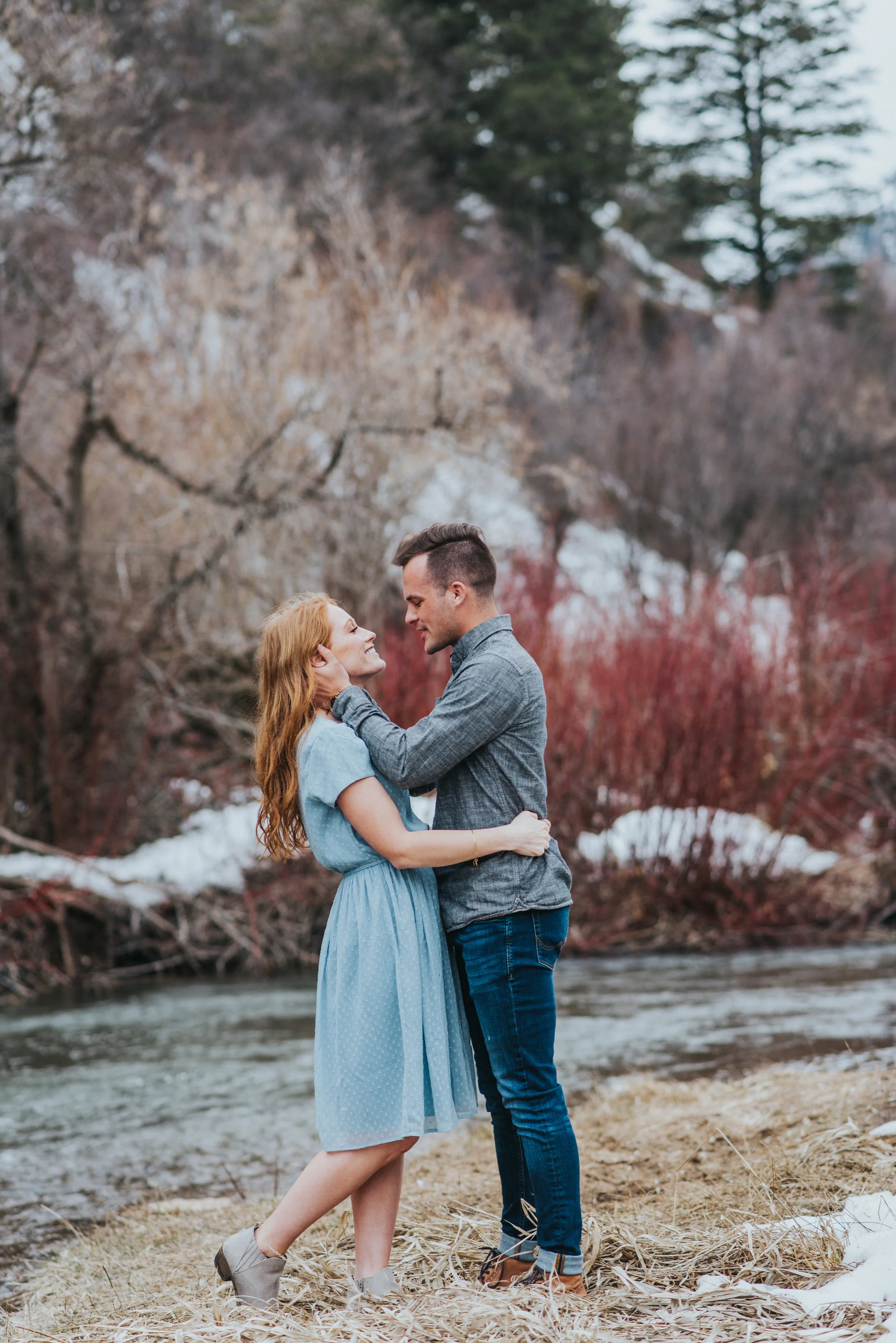  gorgeous winter photo shoot by the river vibrant colors adorable couple pose winter photo shoot inspiration photo shoot style inspiration aesthetic inspiration client semi formal attire inspiration logan utah utah couple couple goals  #winter #engag