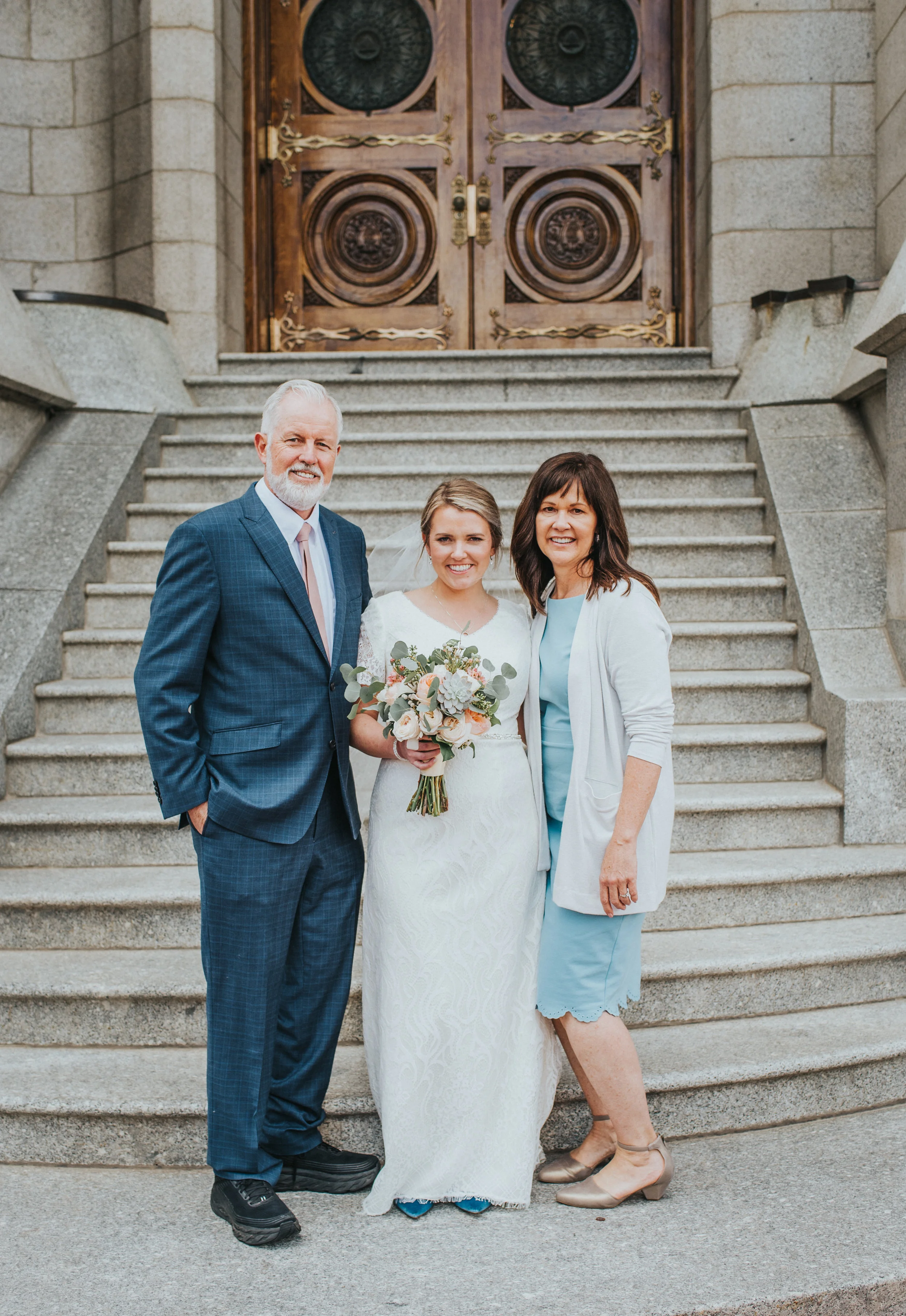  salt lake city lds temple  wedding mother of the bride father of the bride family wedding photos staircase pastel wedding colors pastel wedding bouquet smiling happy northern utah wedding #northernutahweddingphotographer #saltlakecityphotographer #w