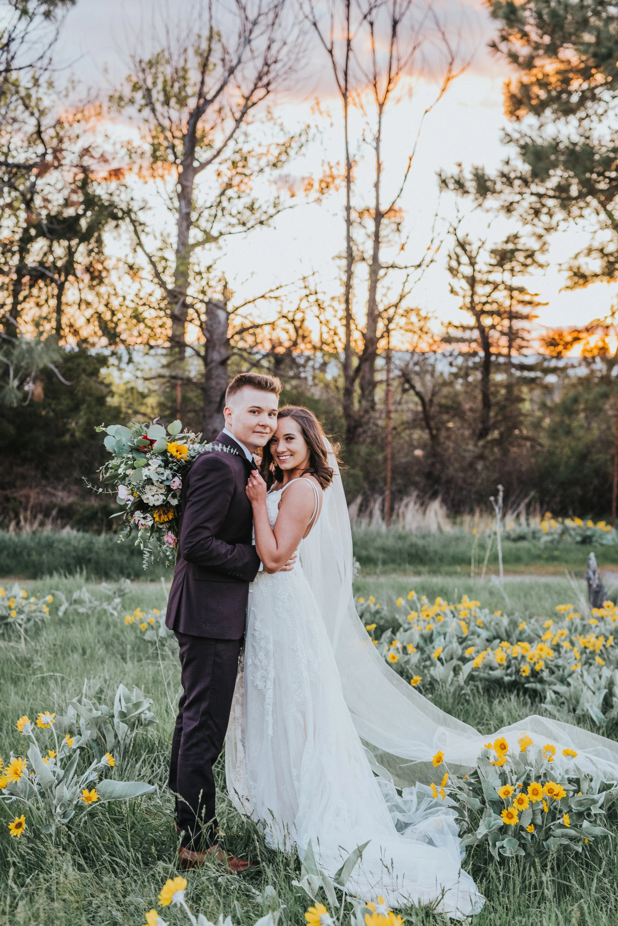  sunset bridal session green canyon logan utah yellow wildflowers bohemian wedding long billowy wedding train loose curled bridal hair hugging romantic northern utah wedding photographer #greencanyon #northernutahweddingphotographer #bohemianwedding 