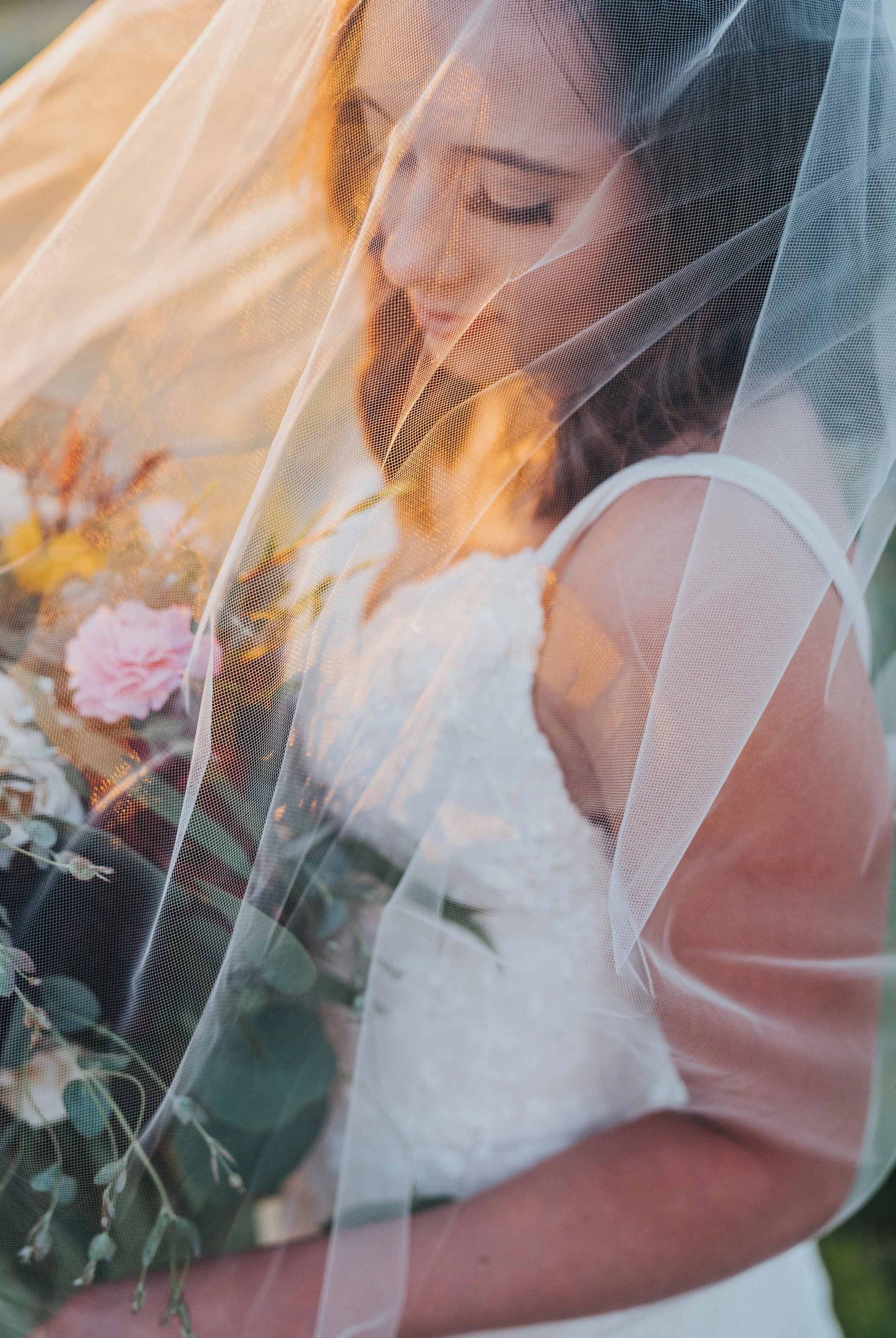  long wedding veil over face spaghetti strapped beaded lace wedding dress loosely packed wedding bouquet sunflowers daisy bridals green canyon logan utah northern wedding photographer #greencanyon #northernutahweddingphotographer #bohemianwedding #ut