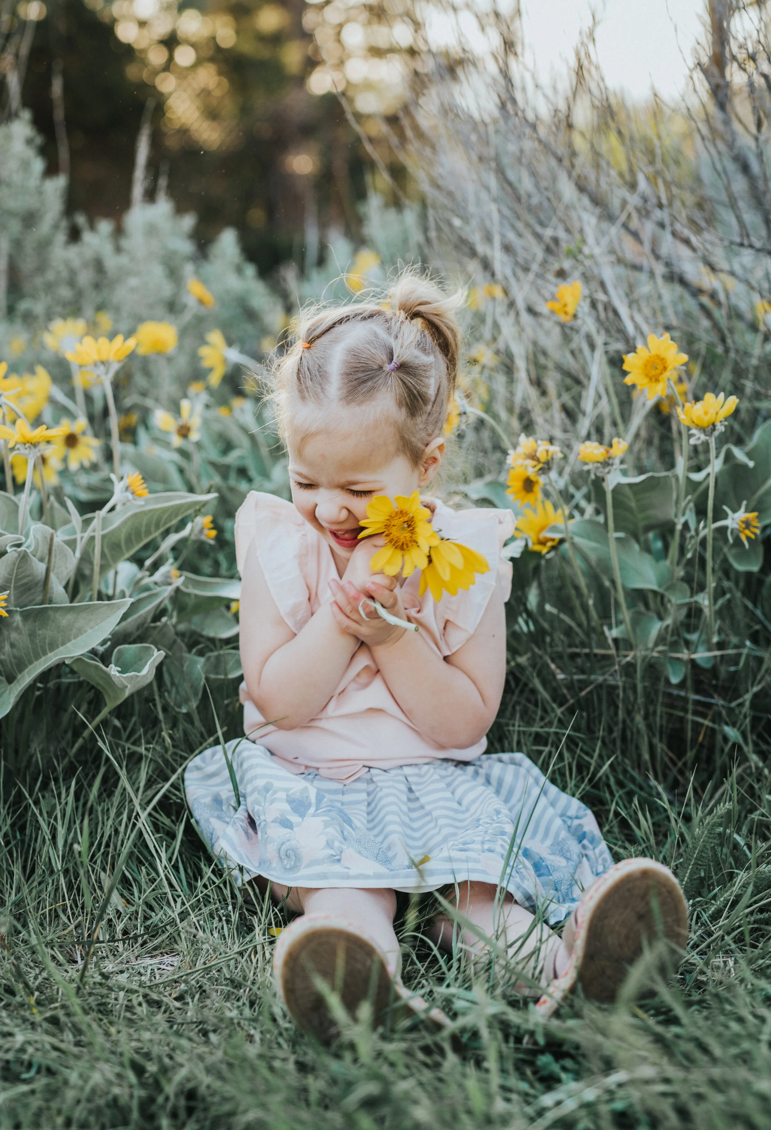  logan utah utah photographer family photography family photo session family portrait session kids photos kids unposed candid moments what to wear to family pictures kids outfit ideas little girl sitting in a field of sunflowers little girl holding f