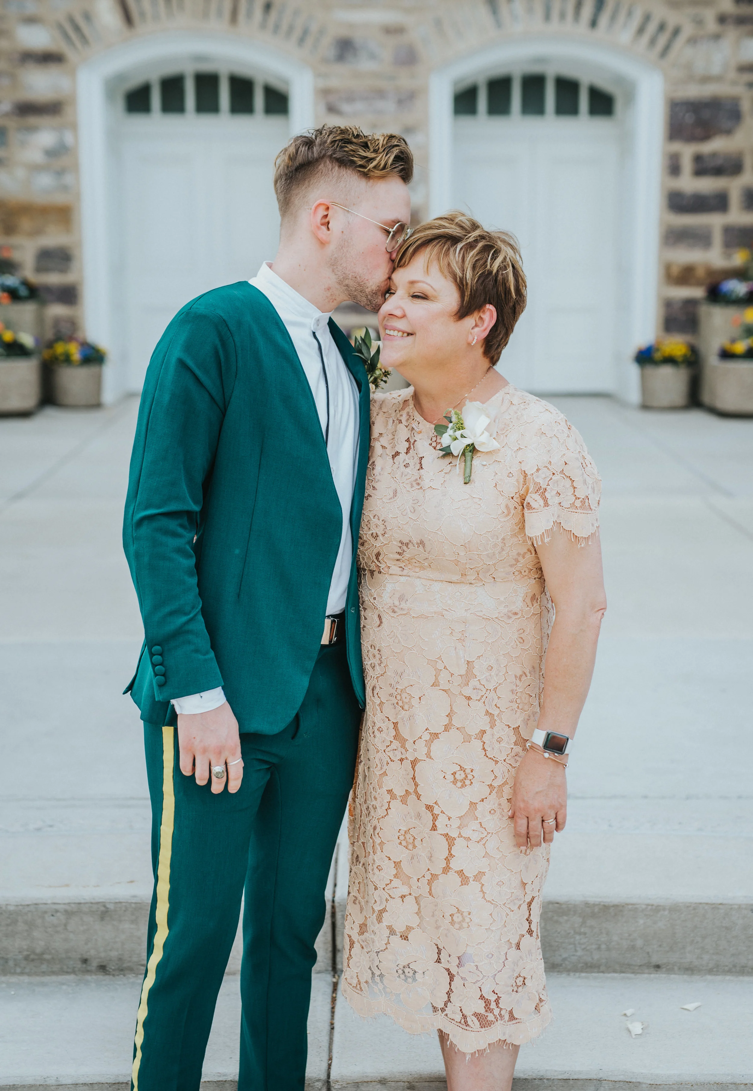  professional logan utah wedding photographer cache valley photographer groom mother of the groom emerald green retro wedding suit champagne lace mother of the groom dress just married wedding hair #StationStudio #WeddingCeremony #Loganutahtemple #Fr