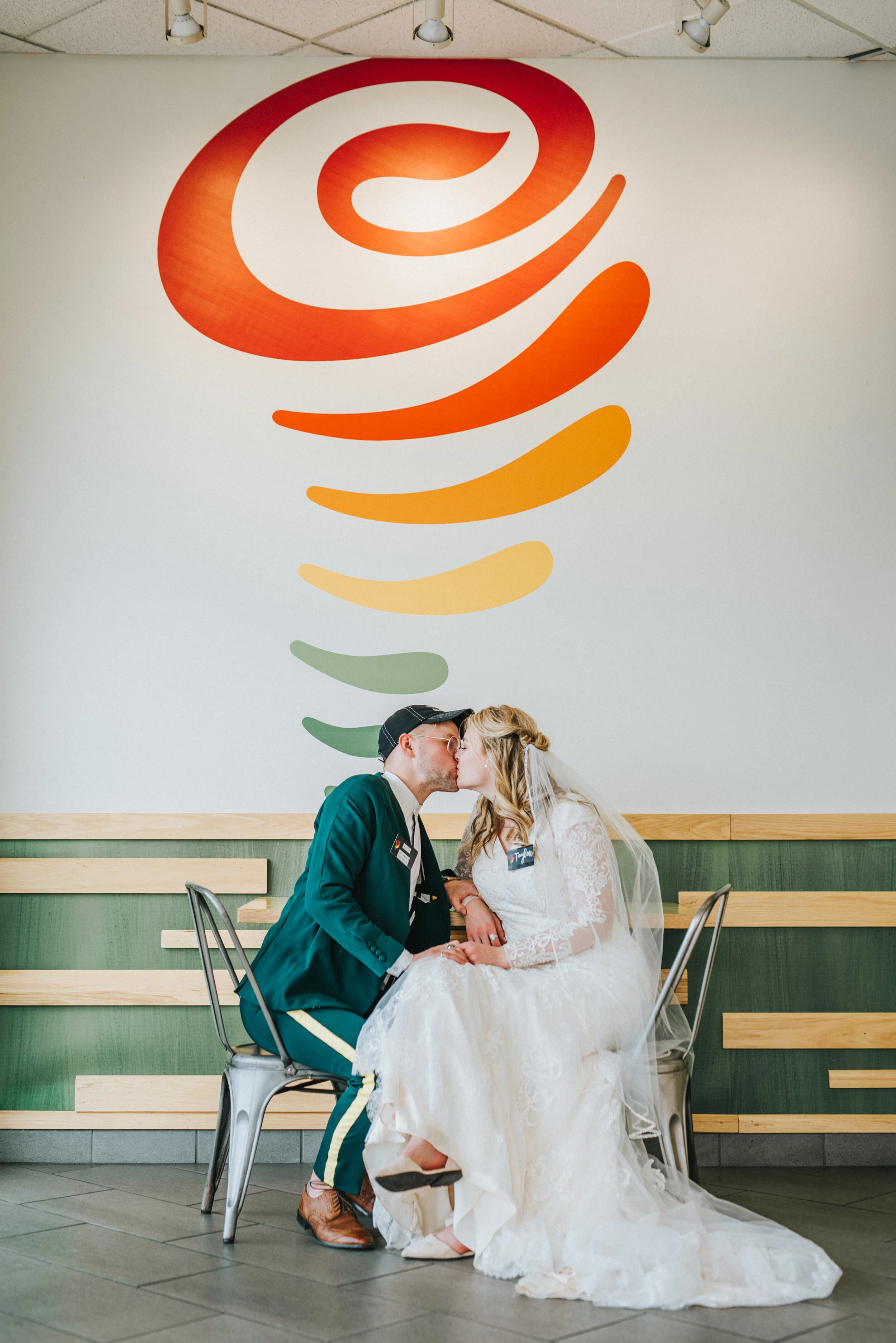  jamba juice smoothies love story professional logan utah wedding photographer wedding formals retro green and yellow wedding suit modest lace long sleeved wedding dress metal chairs #StationStudio #WeddingCeremony #Loganutahtemple #FreckleFarm #cach