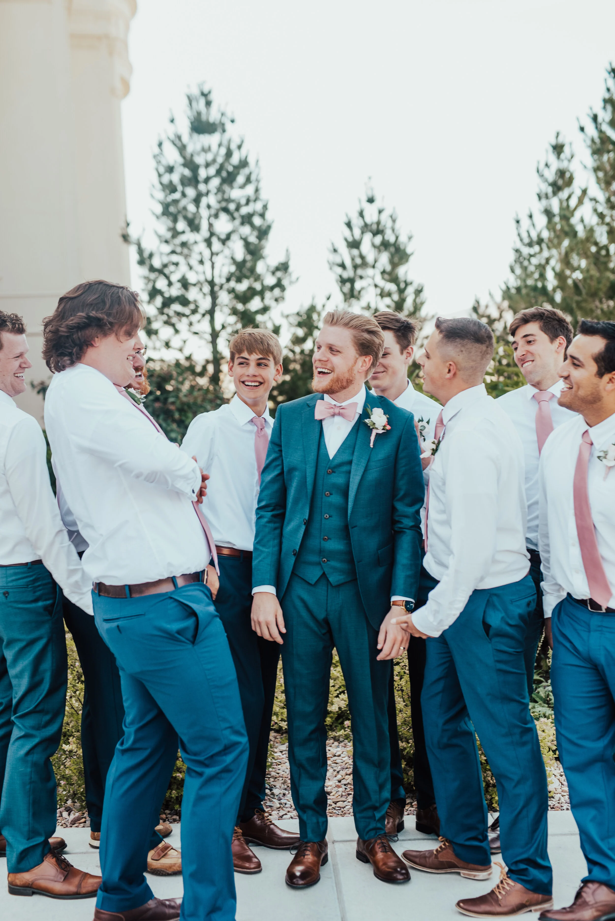  payson utah Payson utah temple wedding photos wedding party photos suit and tie bowtie three piece suits for grooms groomsman photos best man pink tie inspiration pink and blue wedding color inspo hairstyles for men for wedding day brown shoes for w