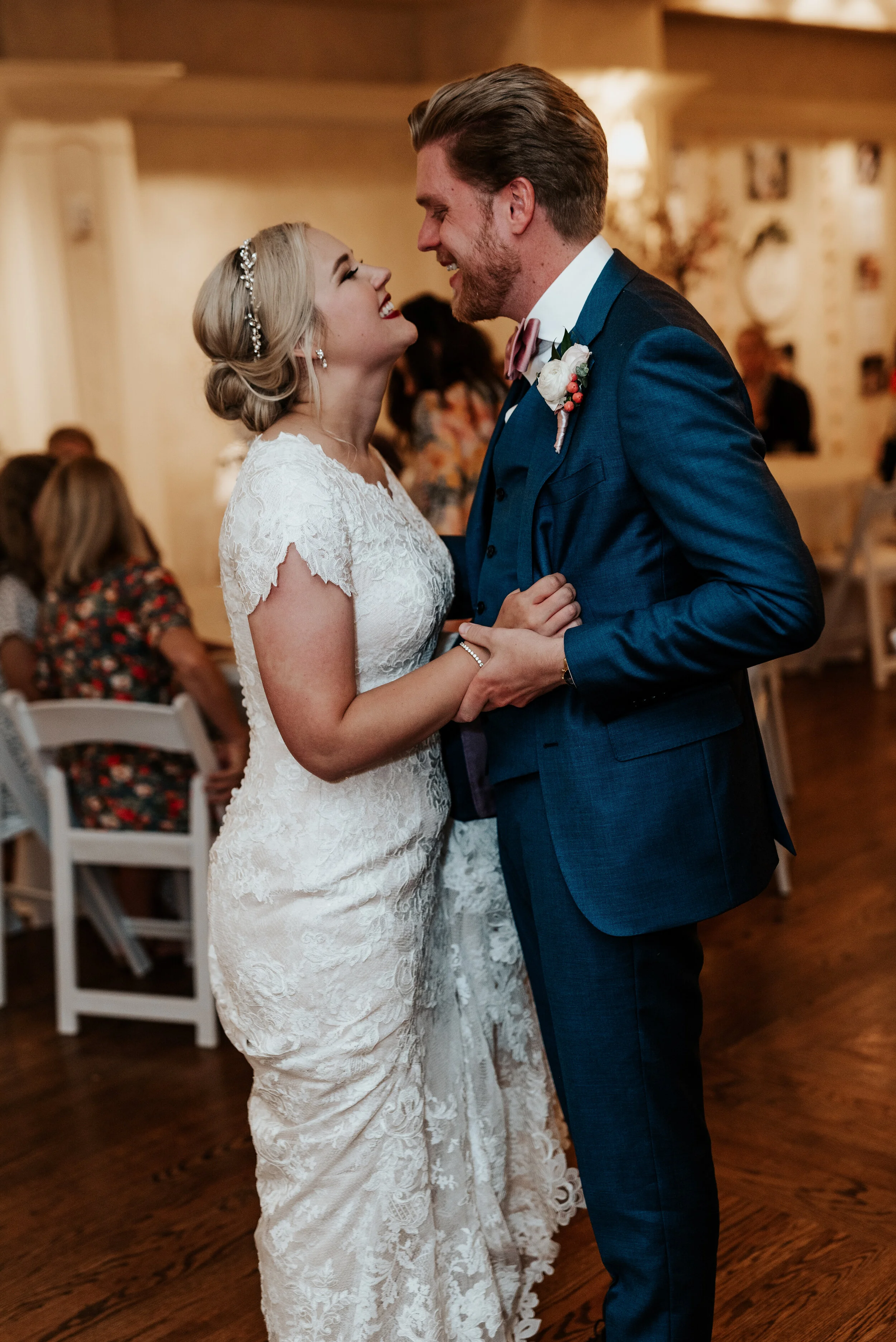  the manor at the riverwoods utah wedding reception inspo utah photographer payson utah happy couple husband and wife first dance wedding day details three piece suit modest wedding dress lace wedding dress wedding hairstyle inspo wedding updo inspo 