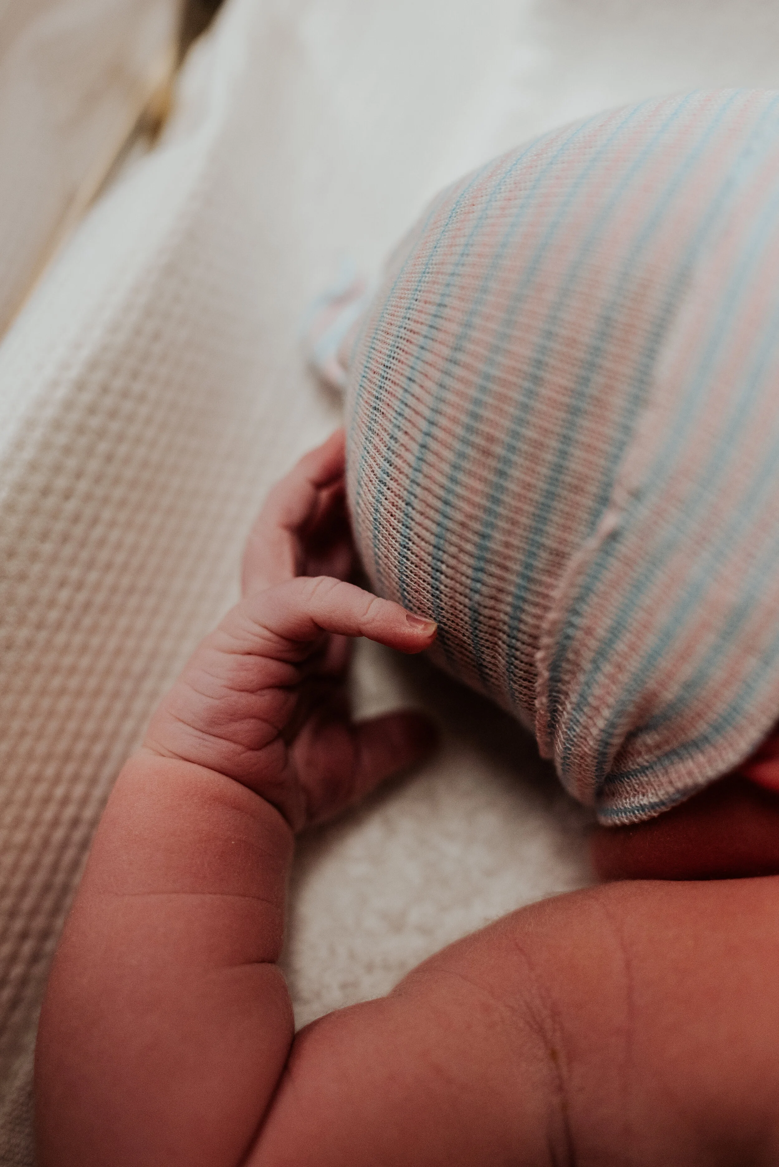  Fresh pink baby wrinkles and teeny fingers scratching a pink and blue hat atop a newborn baby’s head. logan utah professional birth story photographer hospital pictures of a brand new baby birth photo session newborn photographer in cache valley #kr