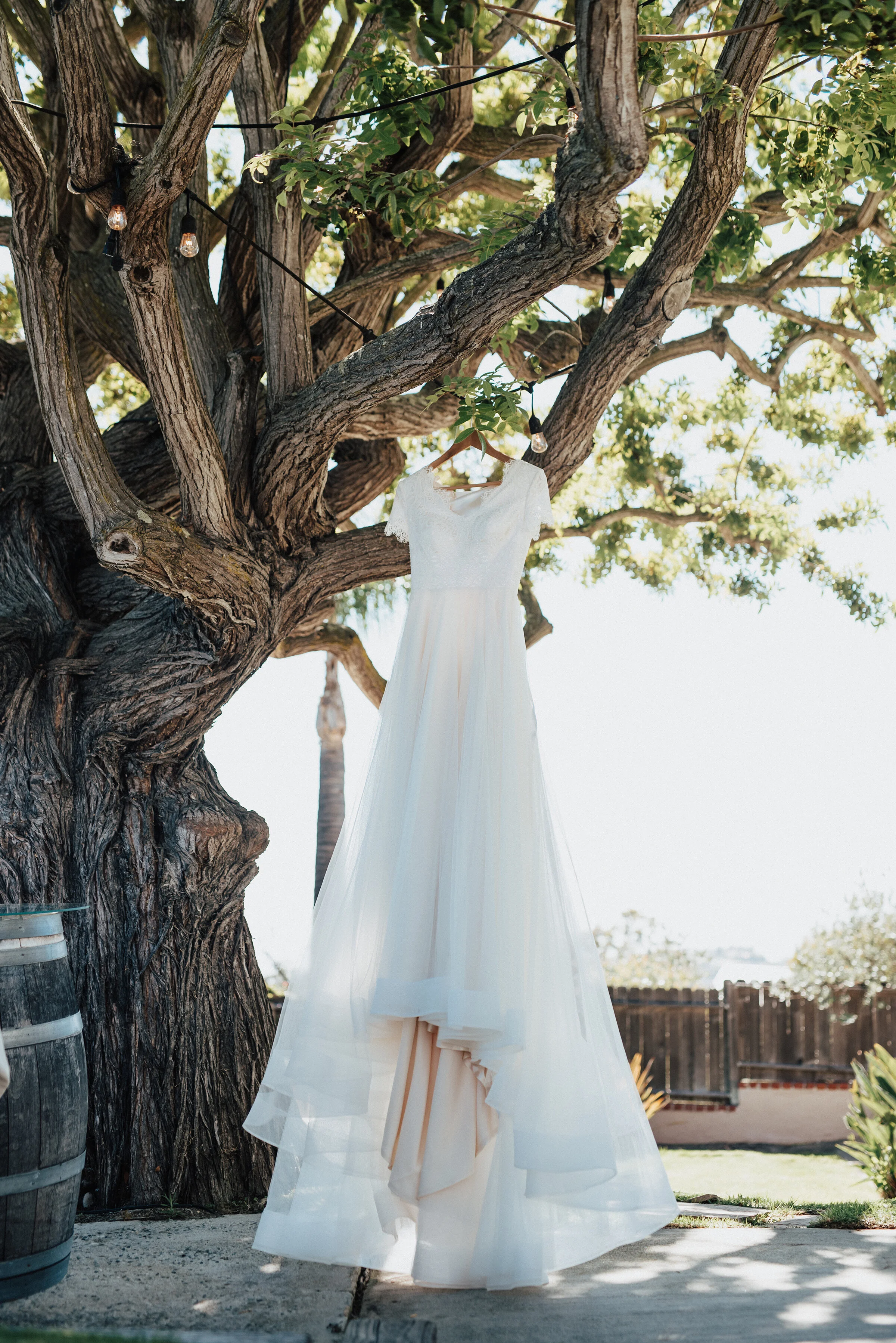  Vintage inspired wedding dress displayed at this backyard wedding in Laguna Beach. Kristi Alyse photography Laguna Beach wedding California brides Logan Utah wedding photographer backyard wedding destination photographer covid wedding bride and groo