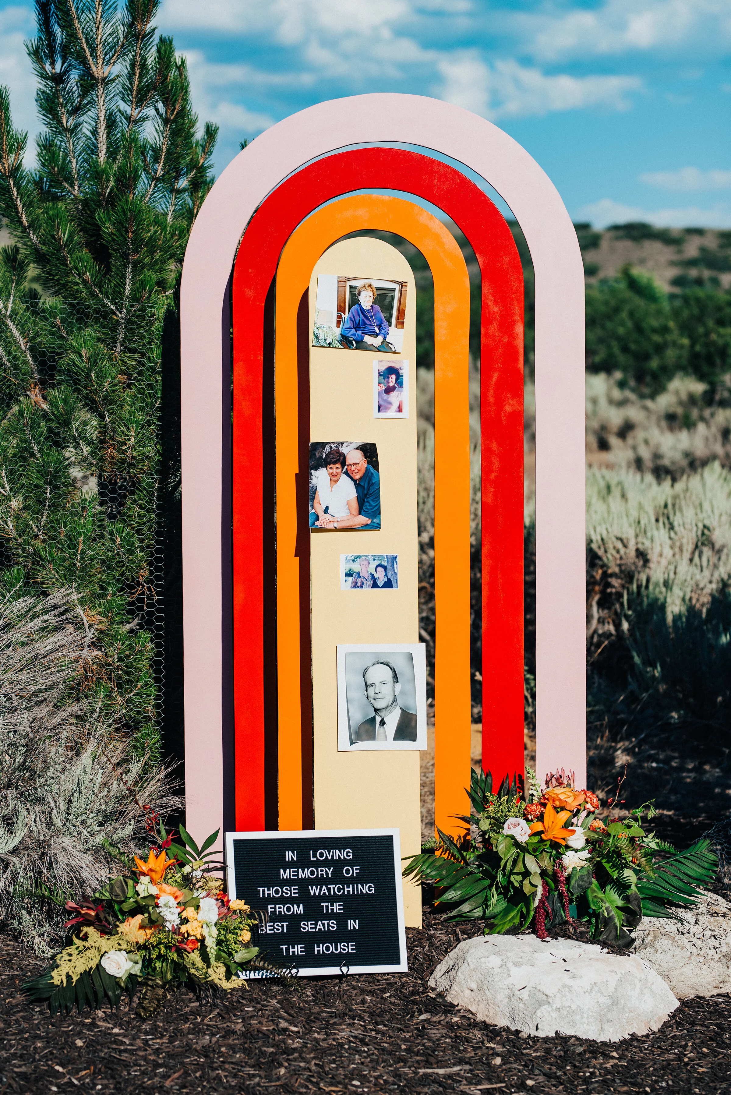  Loving memorial displayed at this backyard wedding in Park City. Kristi Alyse Photography Logan Utah photographer Park City wedding photographer Drive-Thru wedding COVID wedding neon signs socially distant wedding bride and groom memorial at wedding