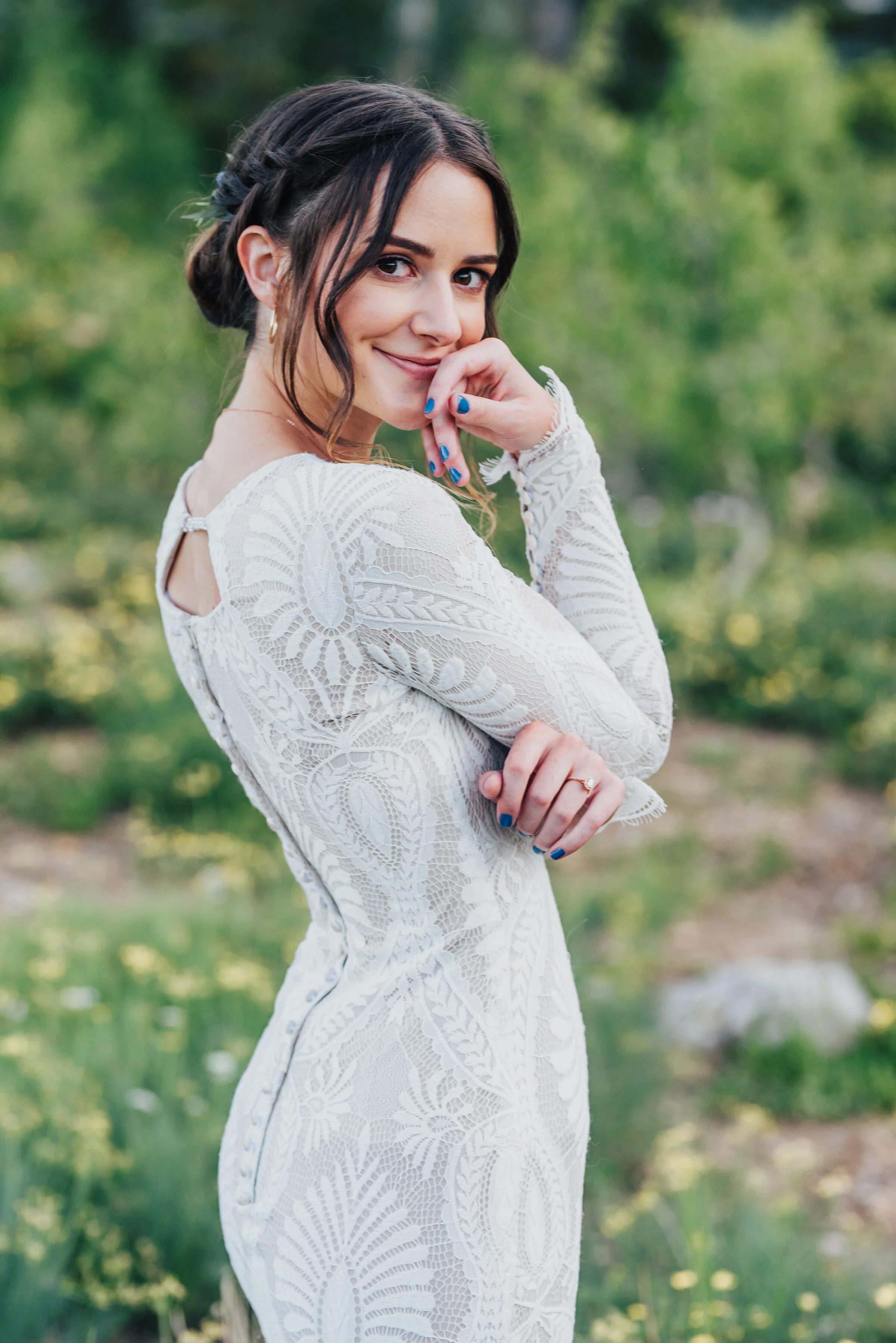  Beautiful bride in gorgeous boho wedding dress surrounded by lush forest up Logan canyon. Kristi Alyse photography Logan Utah wedding photographer forest nature dreamy formals Logan canyon Tony Grove scenic bridals Northern Utah photographer Utah br