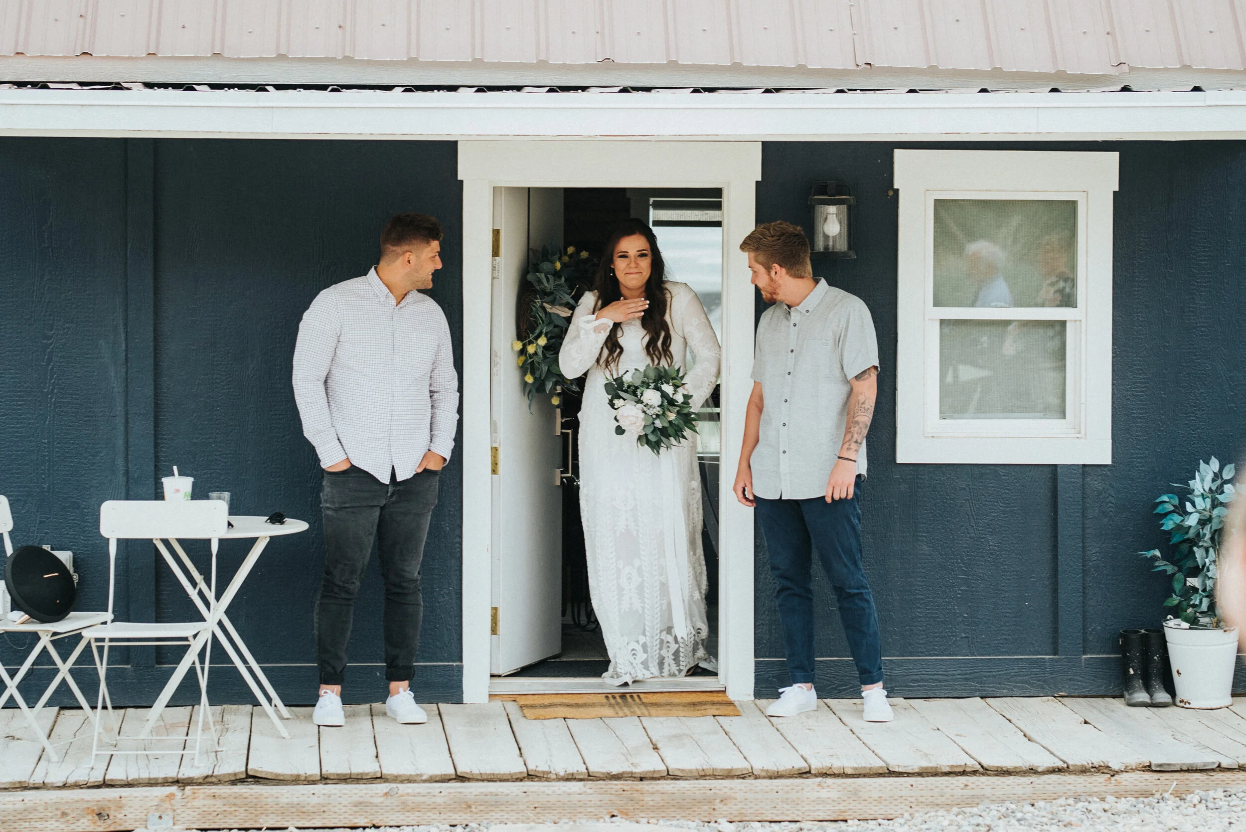 Wedding day photoshoot in Ephraim Utah photographed by Kristi Alyse Photography at the Airbnb rented for this special occasion. The first look of the bride as she prepared to walk down the ailse. photography wedding outdoor location western inspired…
