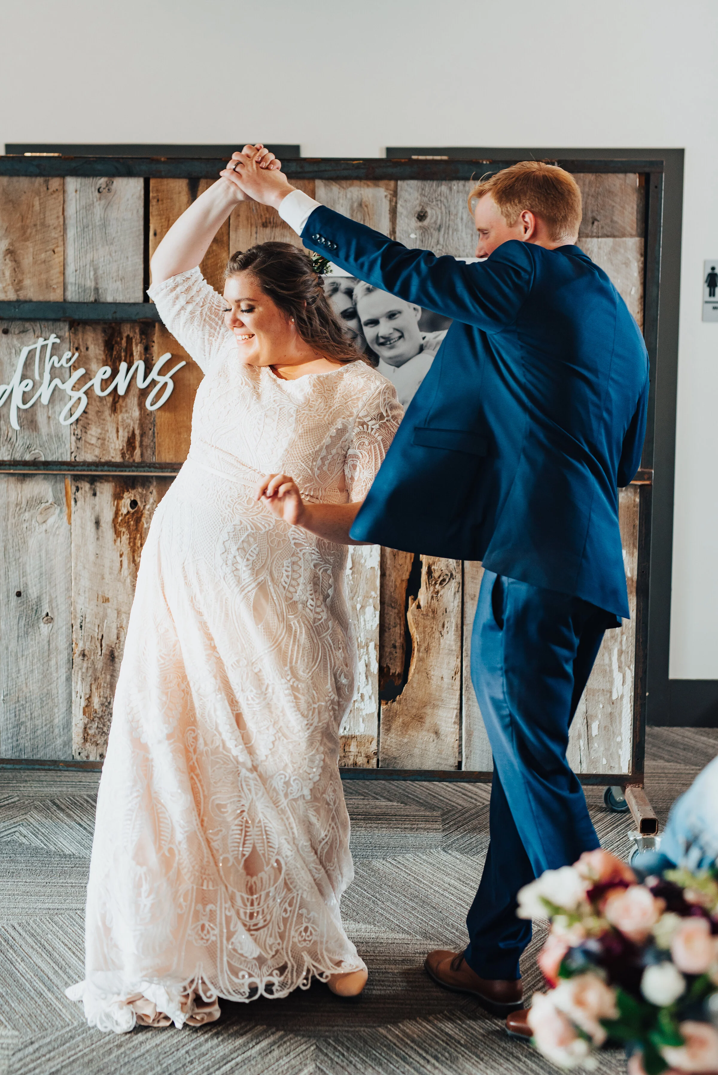  Tender moment of the bride and groom dancing by Kristi Alyse Photography in northern Utah. First dance meaningful moments bride and groom lace wedding dress blue grooms suit wedding décor inspo logan Utah wedding day photography Kristi Alyse #weddin
