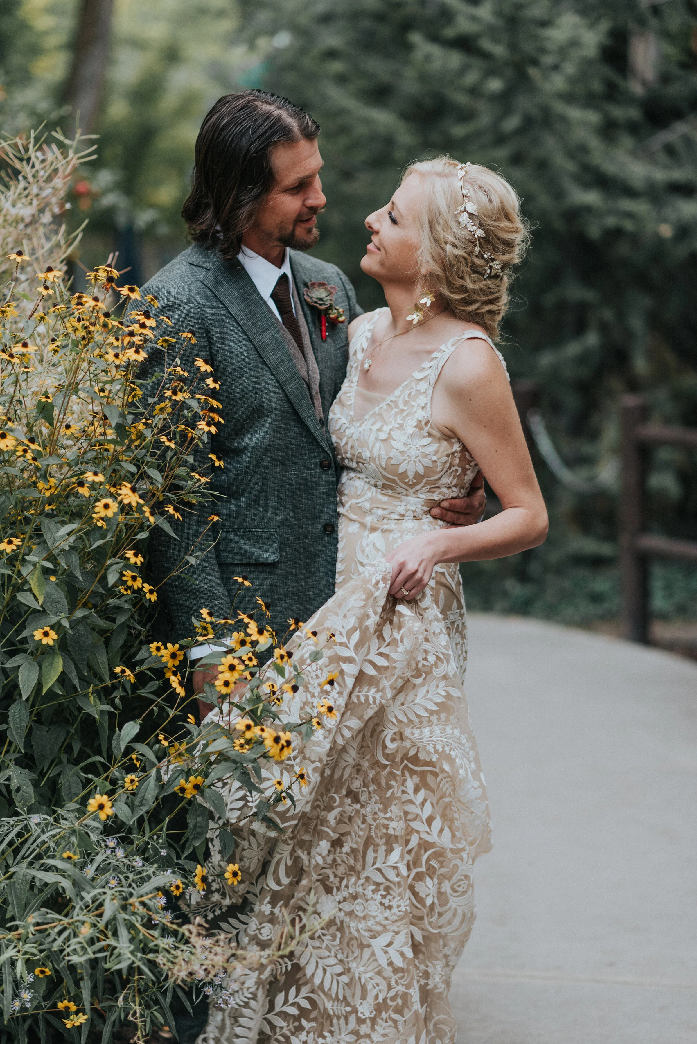 Beautiful boho couple with nude and lace wedding dress and a beautiful diamond silver leaf headband in her hair by Kristi Alyse Photography in Salt Lake City. hair inspo for wedding boho wedding hair inpso headbands for wedding diamonds for wedding …