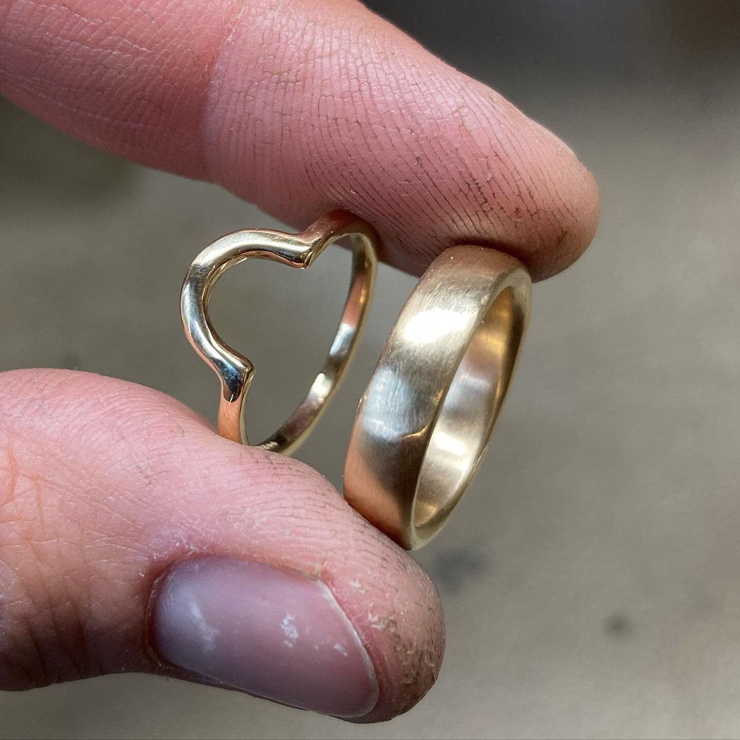 His &amp; hers wedding bands for Bethany and Ben made using their inherited gold. Beth wanted something that would sit nicely around her vintage engagement ring. The end result? A perfectly snug contour ring that compliments rather than detracts. An 