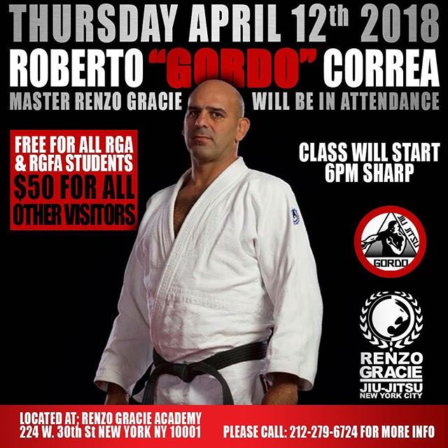 Thursday April 14th We will have the pleasure of having Rafael "GORDO" Correa. The seminar will be FREE for RGA & RGFA.,Master Renzo will be in attendance. Non-Members $50 CASH. #bjj #renzogracie #renzoknows #graciejiujitsu #Teamrenzogracie @gordobjj @renzograciebjj