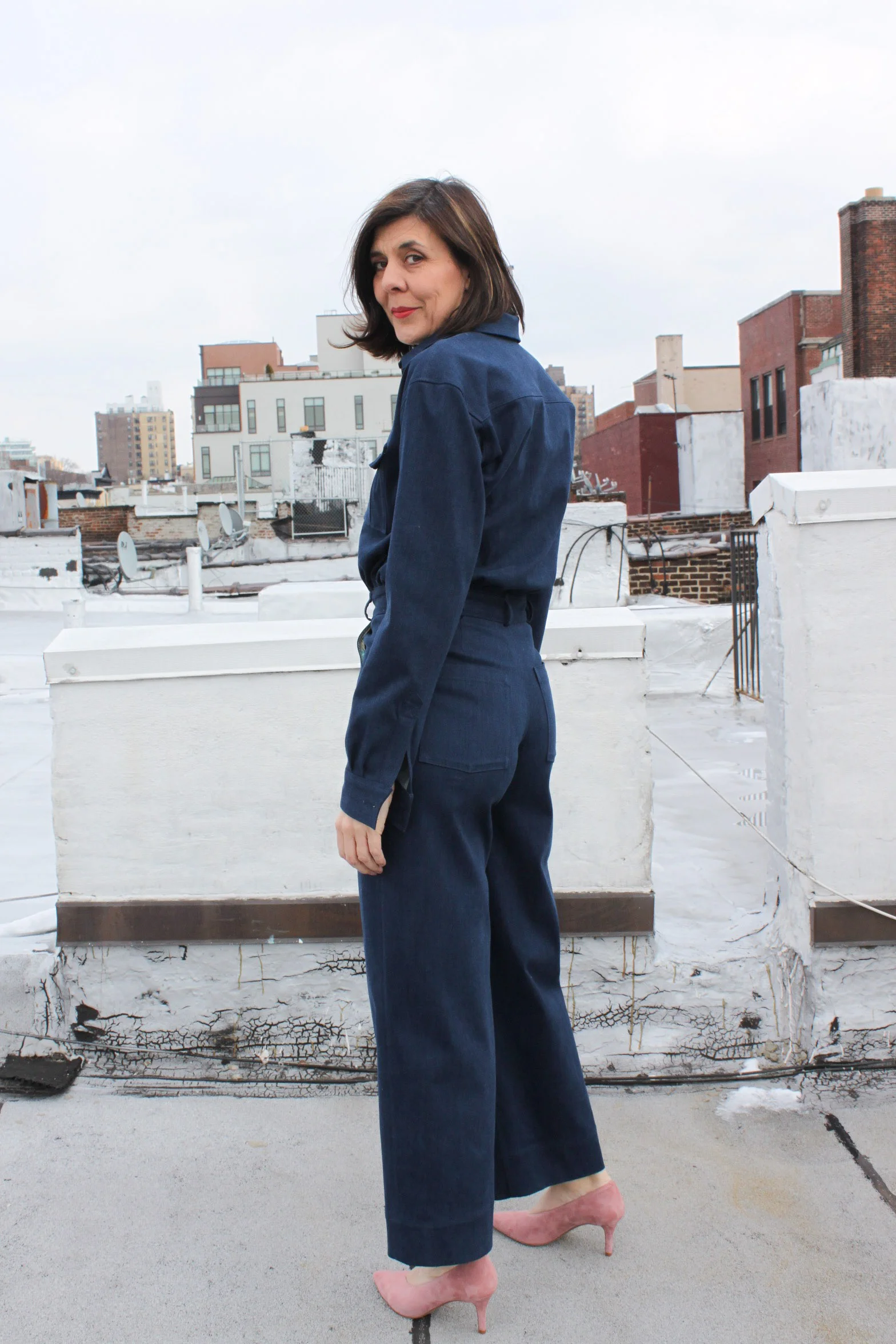 blue patterned jumpsuit