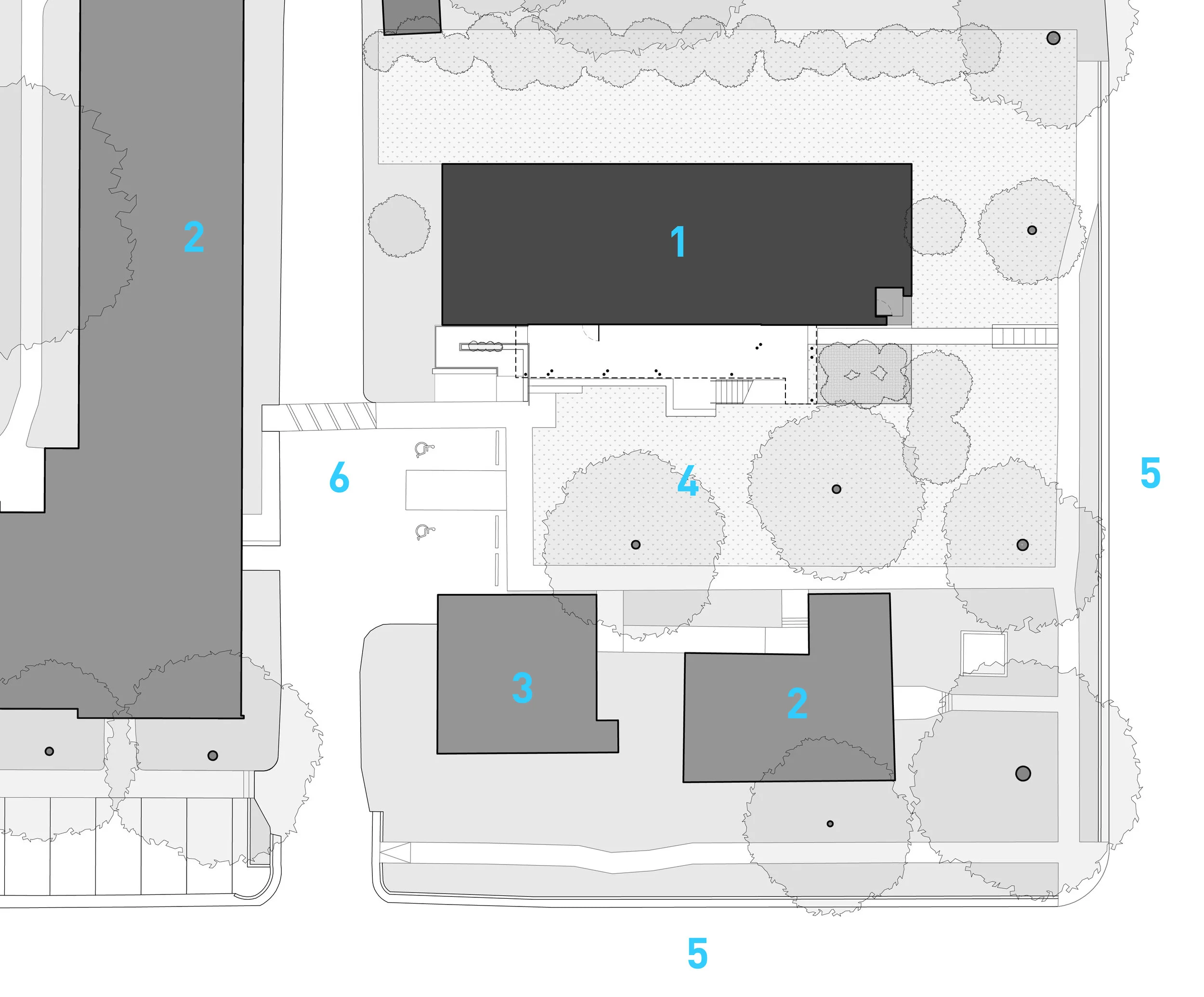 Site Plan 1. New Building 2 ,3 Existing Buildings 4. Courtyard 5. Street 6. Alley