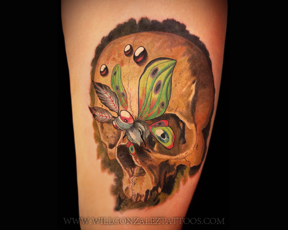 Realistic Skull with Moth.