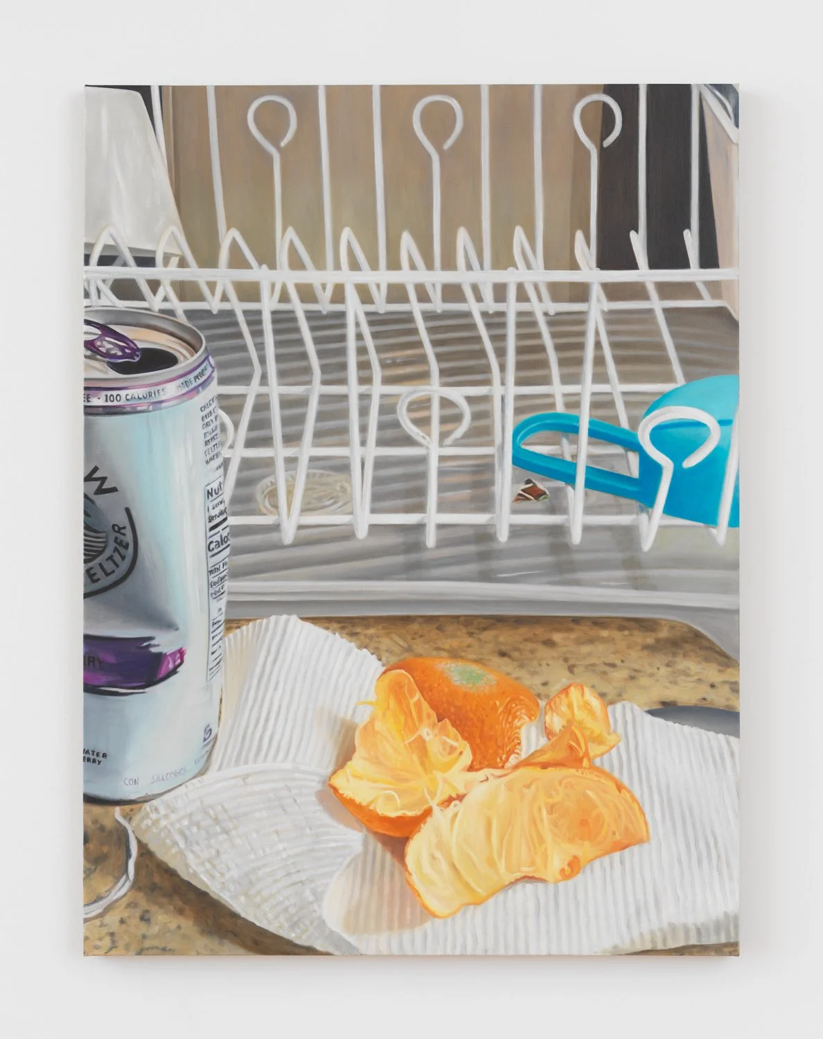   Dish Rack with White Claw , 2024, Oil on linen, 40 x 30 inches 