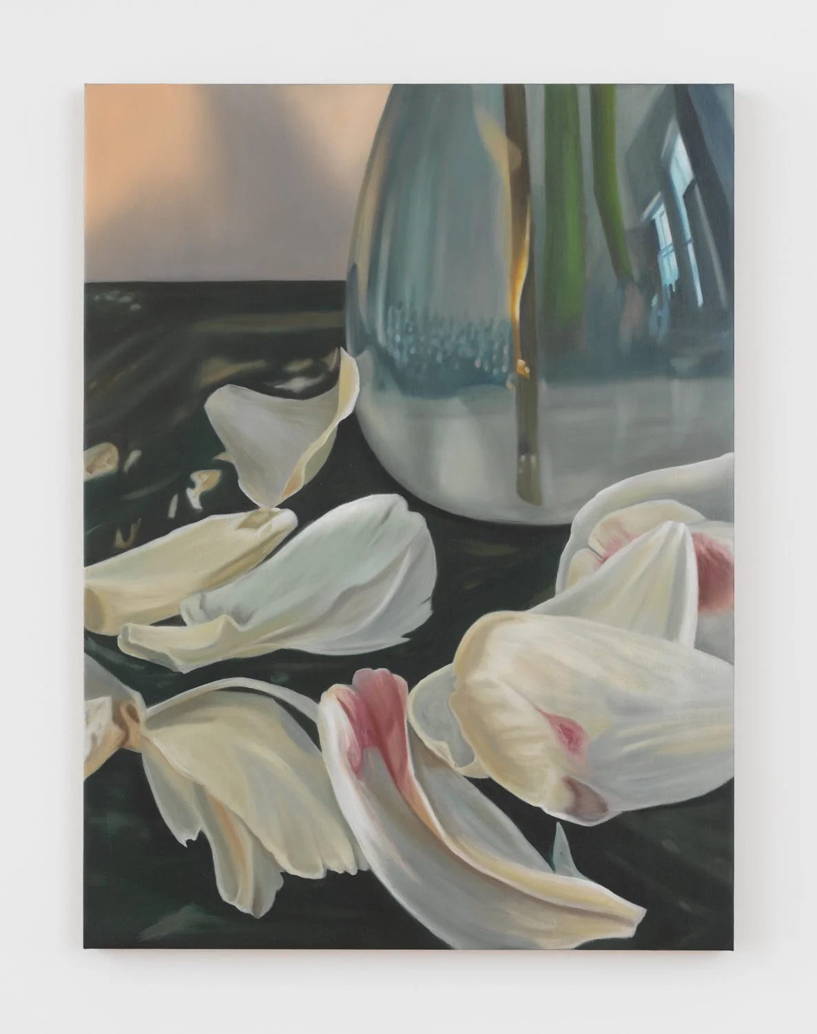   Glass Vase with Petals , 2024, Oil on linen, 40 x 30 inches 