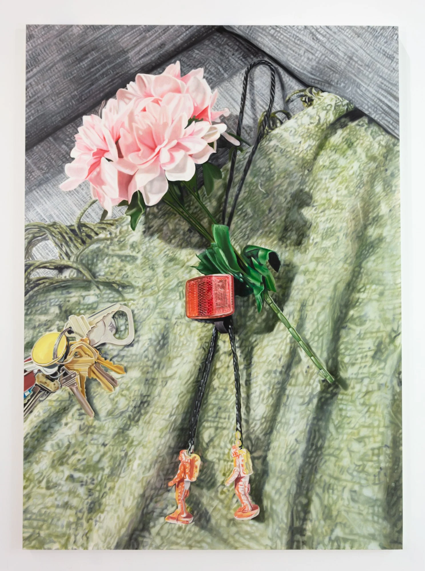   Bolo Tie with Pink Flowers , 2026, Oil on linen, 84 x 60 inches 