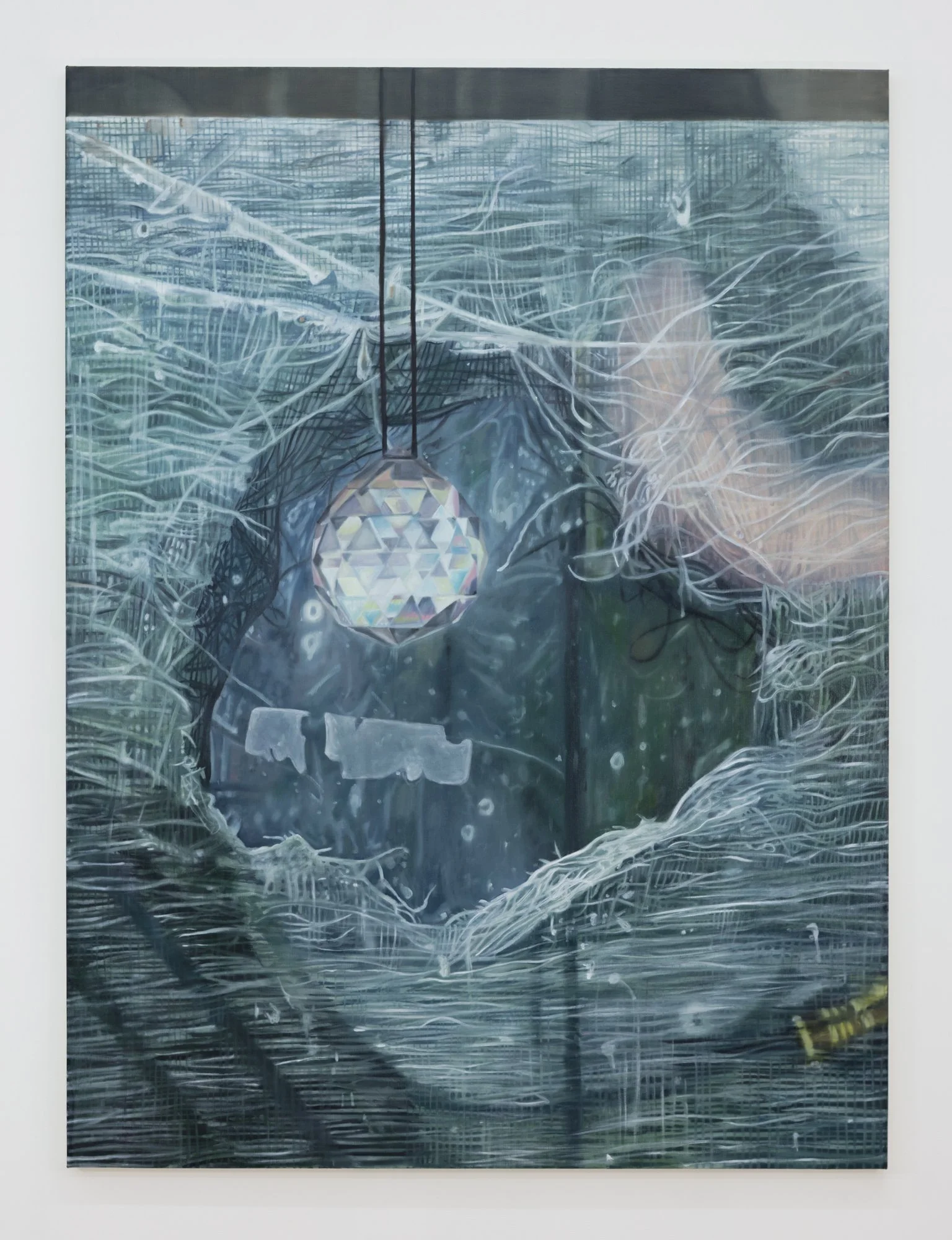   Window Screen with Hole and Suncatcher , 2026, Oil on linen, 64 x 48 inches 