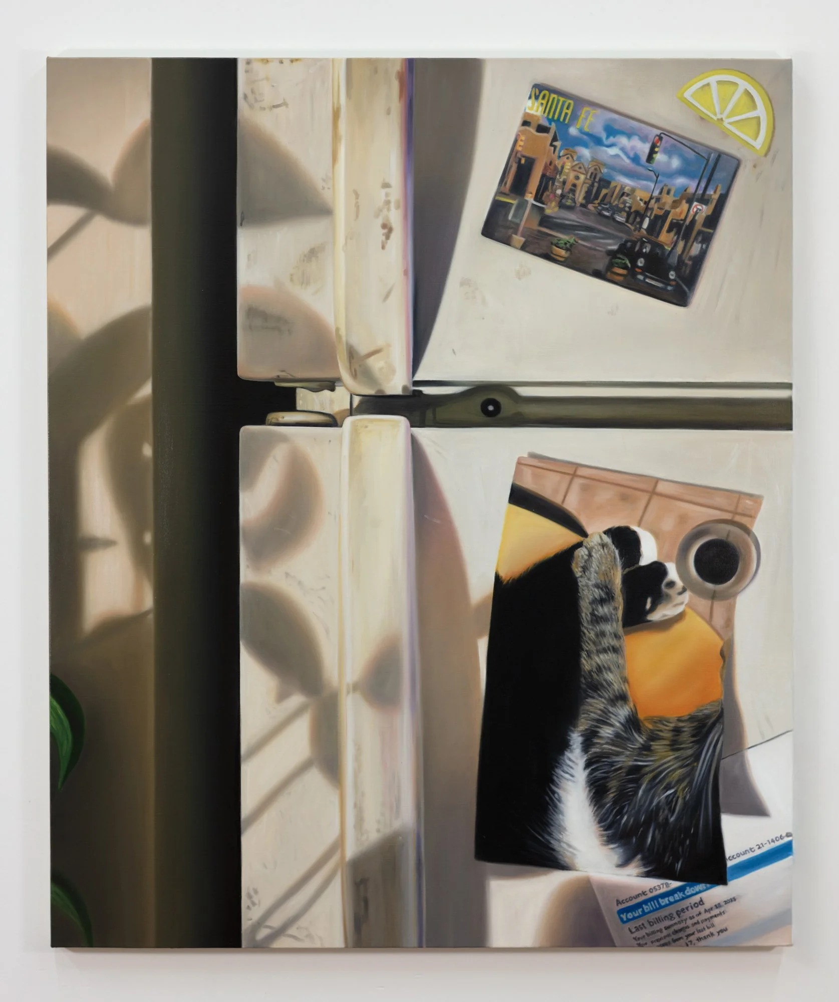   Refrigerator with Magnets, Photo, and Utility Bill , 2026, Oil on linen, 48 × 40 inches 