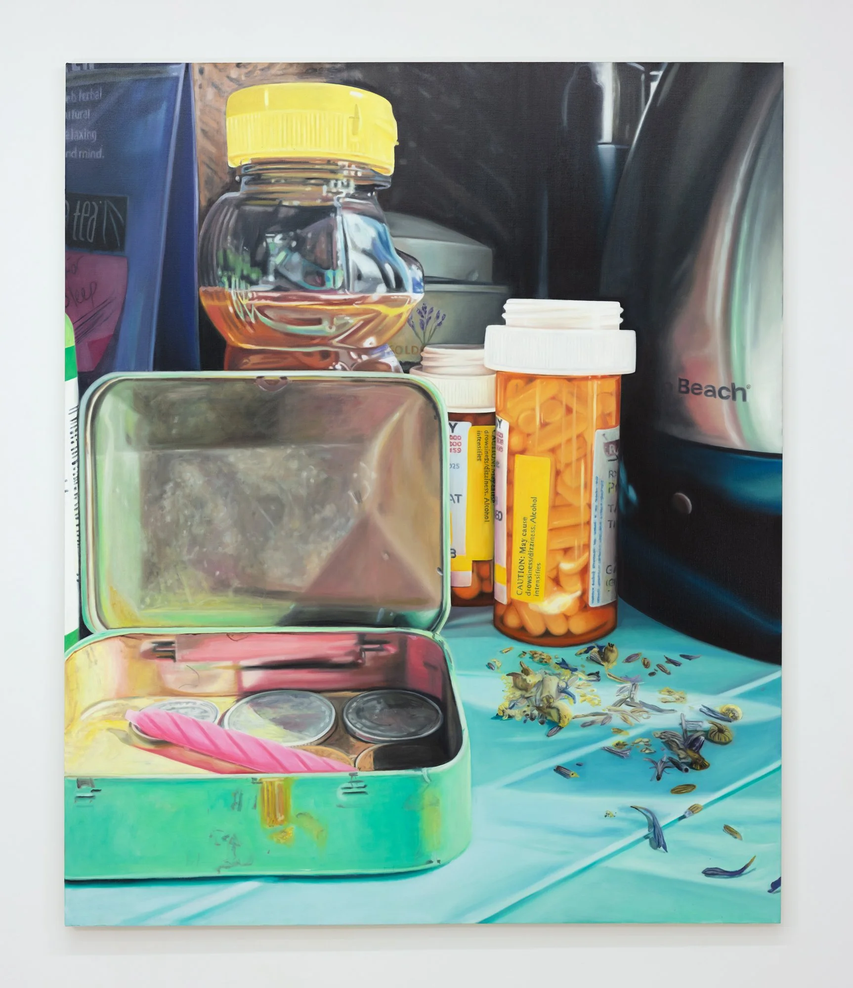   Tea Box with Birthday Candle , 2026, Oil on linen, 72 x 60 inches 