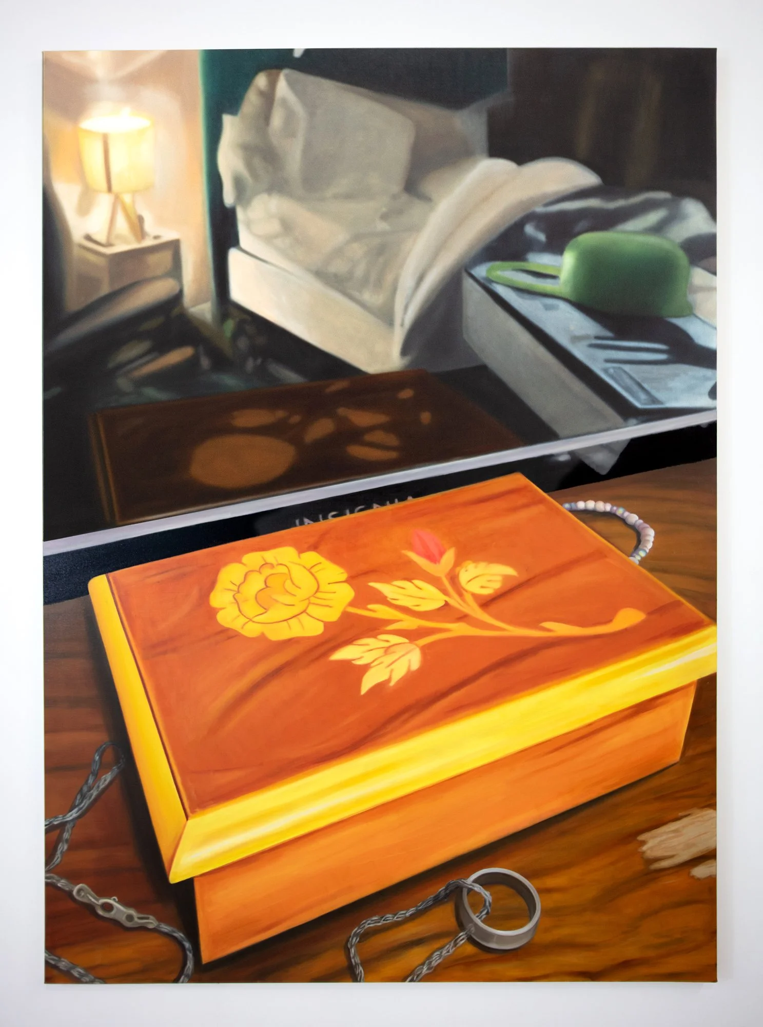   Jewelry Box and TV , 2026, Oil on linen, 84 x 60 inches 