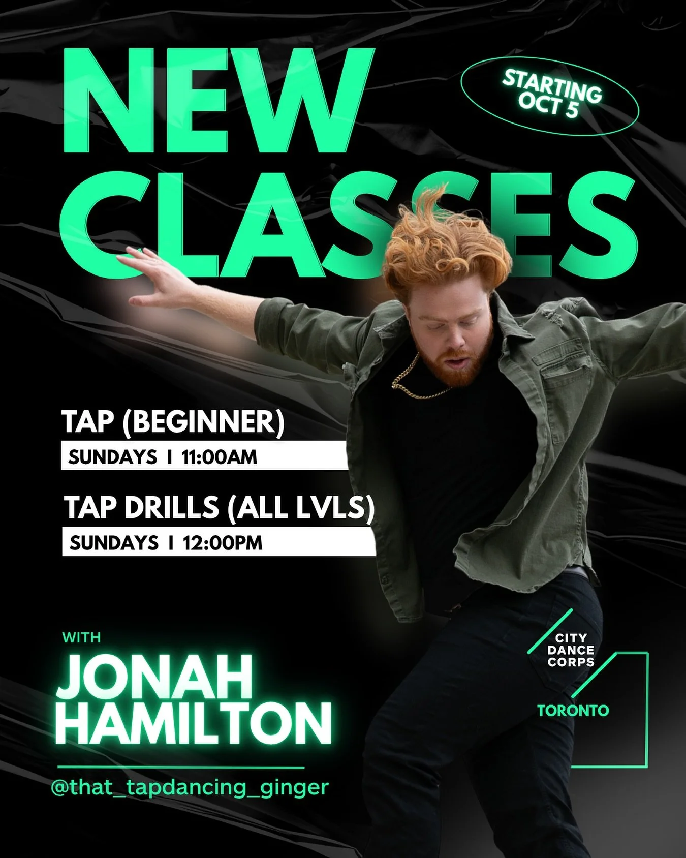 NEW CLASSES with Jonah Hamilton 🔥

We are thrilled to welcome Jonah to the CDC team! @that_tapdancing_ginger 

SUNDAYS AT CDC TORONTO📍
Starting Oct 5th:

Tap (Beginner)
@ 11:00AM

Tap Drills (All Lvls)
@ 12:00PM

Secure your spots for this weeks cl