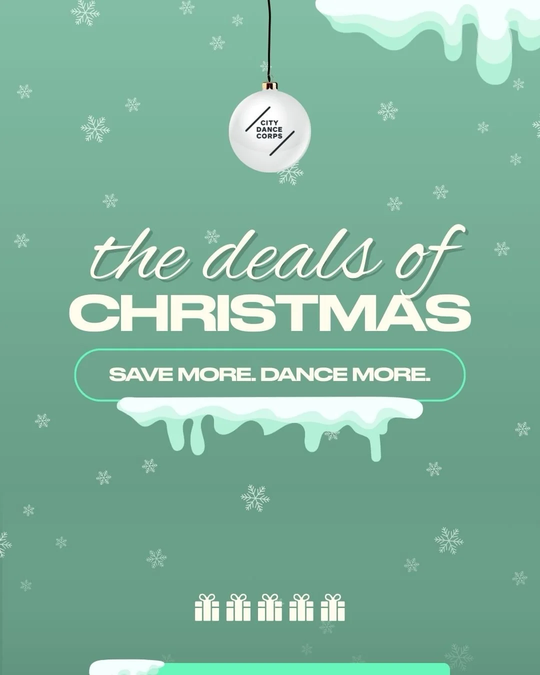 ✨ Holiday Deals Are Live ✨
Gear up for a year of more dance or be the best gift-giver around: our once-a-year Christmas sale is officially here. 

Choose your deal:
&bull; 1 Dance Class $25 (save $5)
&bull; 6-Week Courses $149 (save $28)
&bull; 10-Cl