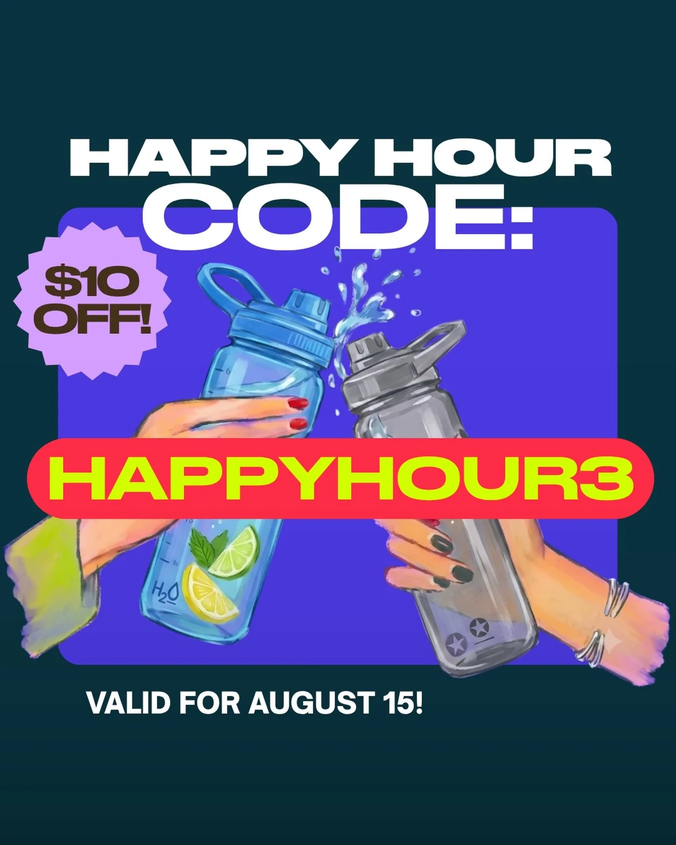 Happy Hour !! 

Get $10 OFF single-pass classes today! ✨

HAPPYHOUR3 is Your Saturday-only promo coden the app when booking. 👀✨

Different code every Saturday so don&rsquo;t miss it!

Happy dancing! 💜💚