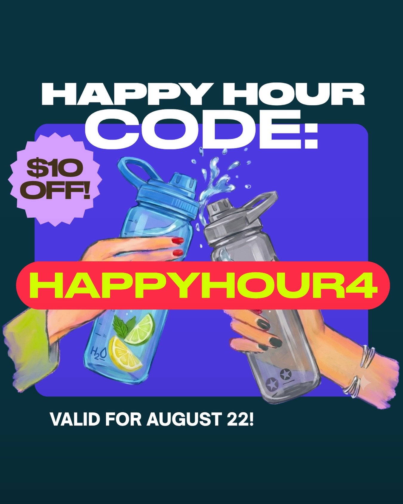 Happy Hour !! 

Get $10 OFF single-pass classes today in both locations✨

HAPPYHOUR4 is Your Saturday-only promo coden the app when booking. 👀✨

Different code every Saturday so don&rsquo;t miss it!

Happy dancing! 💜💚