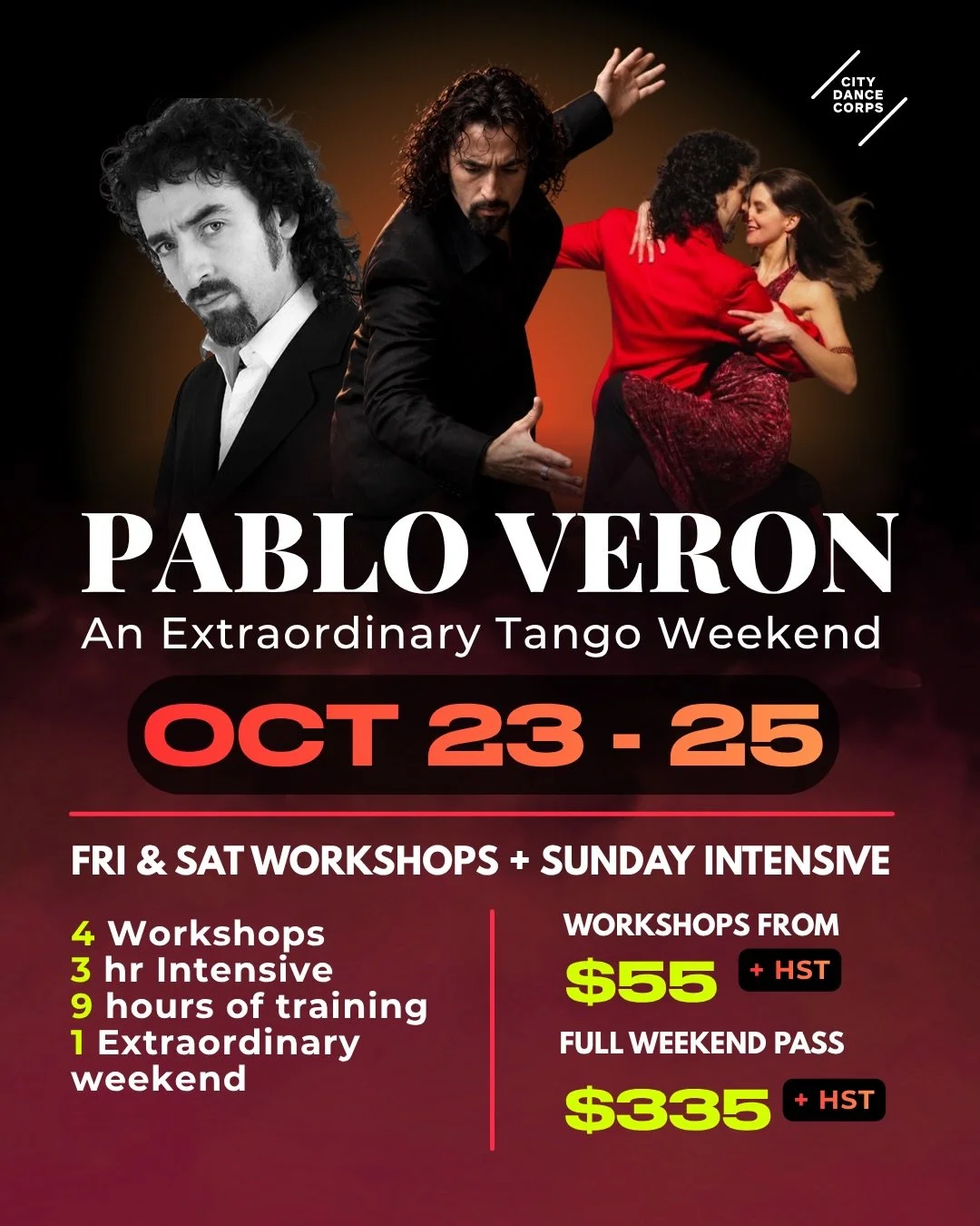 🚨 PABLO VERON IS COMING TO CITY DANCE CORPS!🚨

This is BIG. One of the most influential names in Argentine Tango is coming to CDC for an unforgettable weekend of workshops and an exclusive 3-hour intensive. 🔥

October 23&ndash;25
5 experiences. 9 