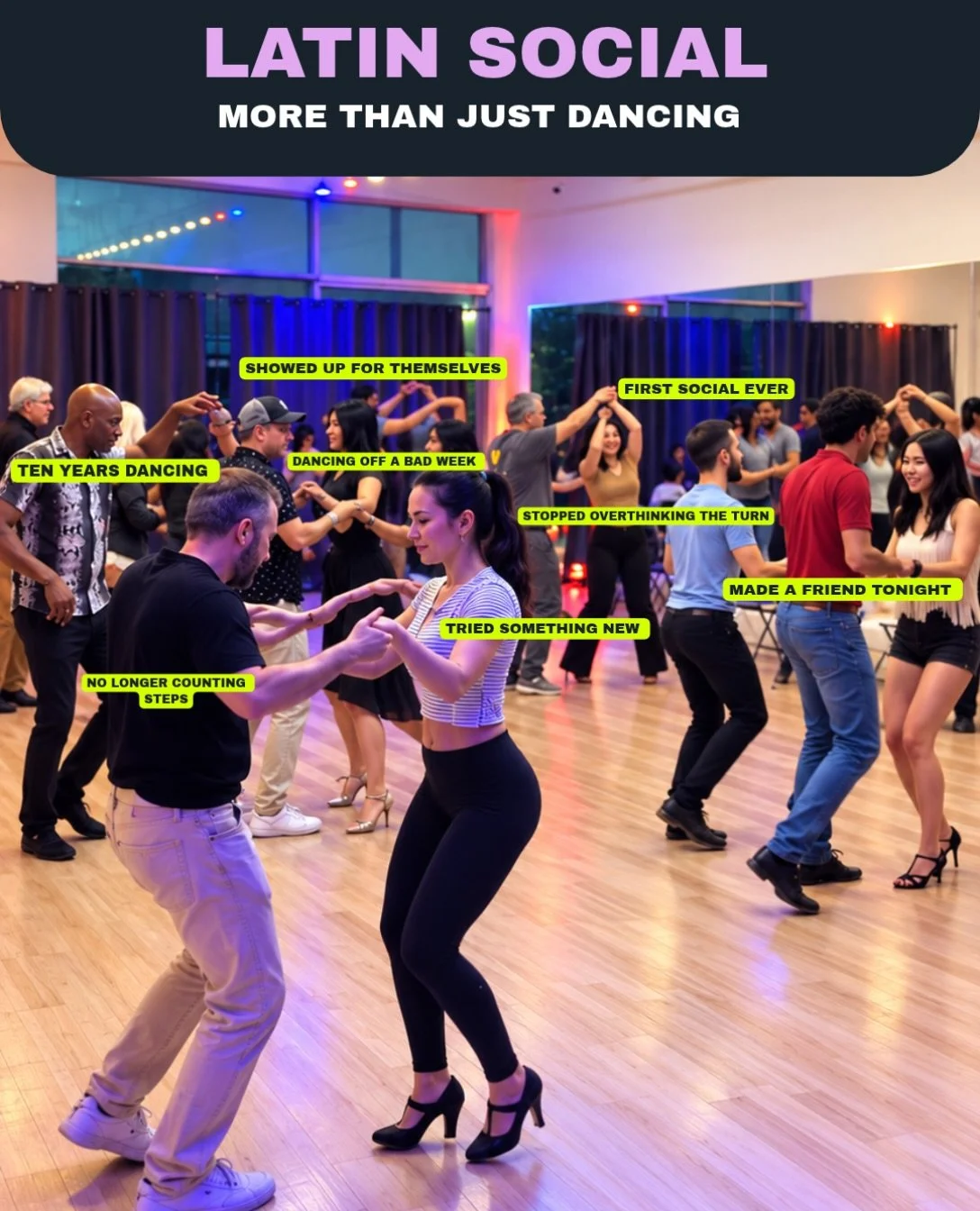 A Latin social is more than just dancing.

It&rsquo;s where you practice your turns, build confidence, meet new people, and let your body flow. Classes help you build technique, but socials give you the space to actually enjoy the dance, learn throug