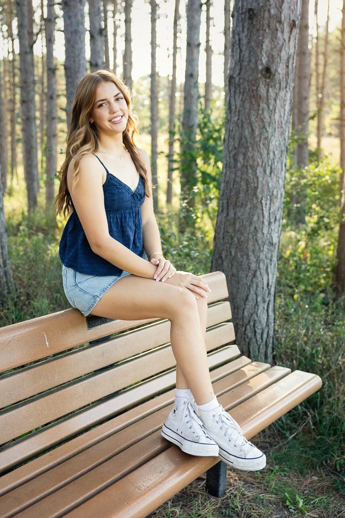 Senior-Photo-girl-jean-skirt-blue top-park-bench-Crystal-Lake-Mariela-Ryan-Photography-Jaycie-27.jpg