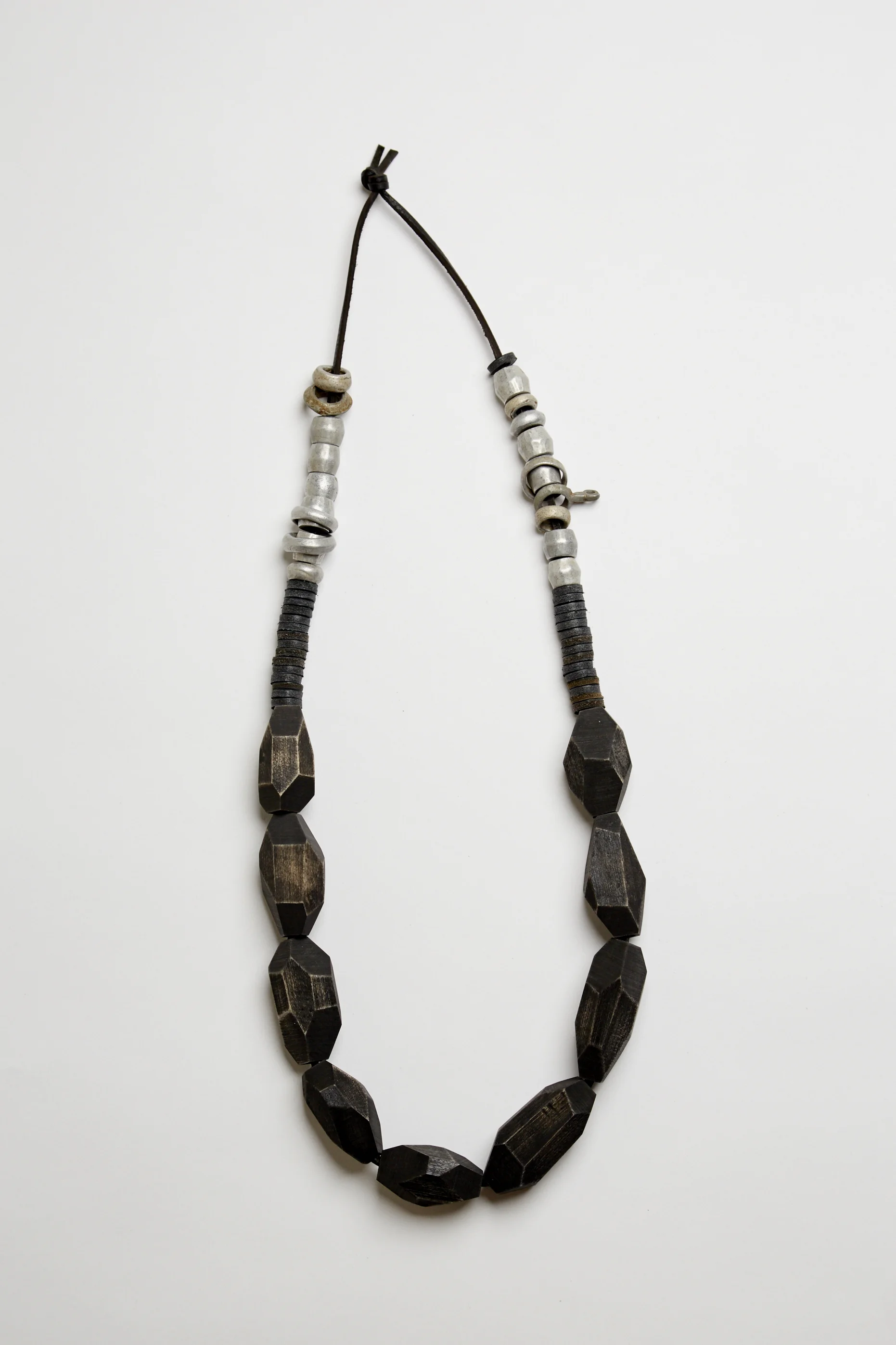 black maple, leather, and metal african bead necklace
