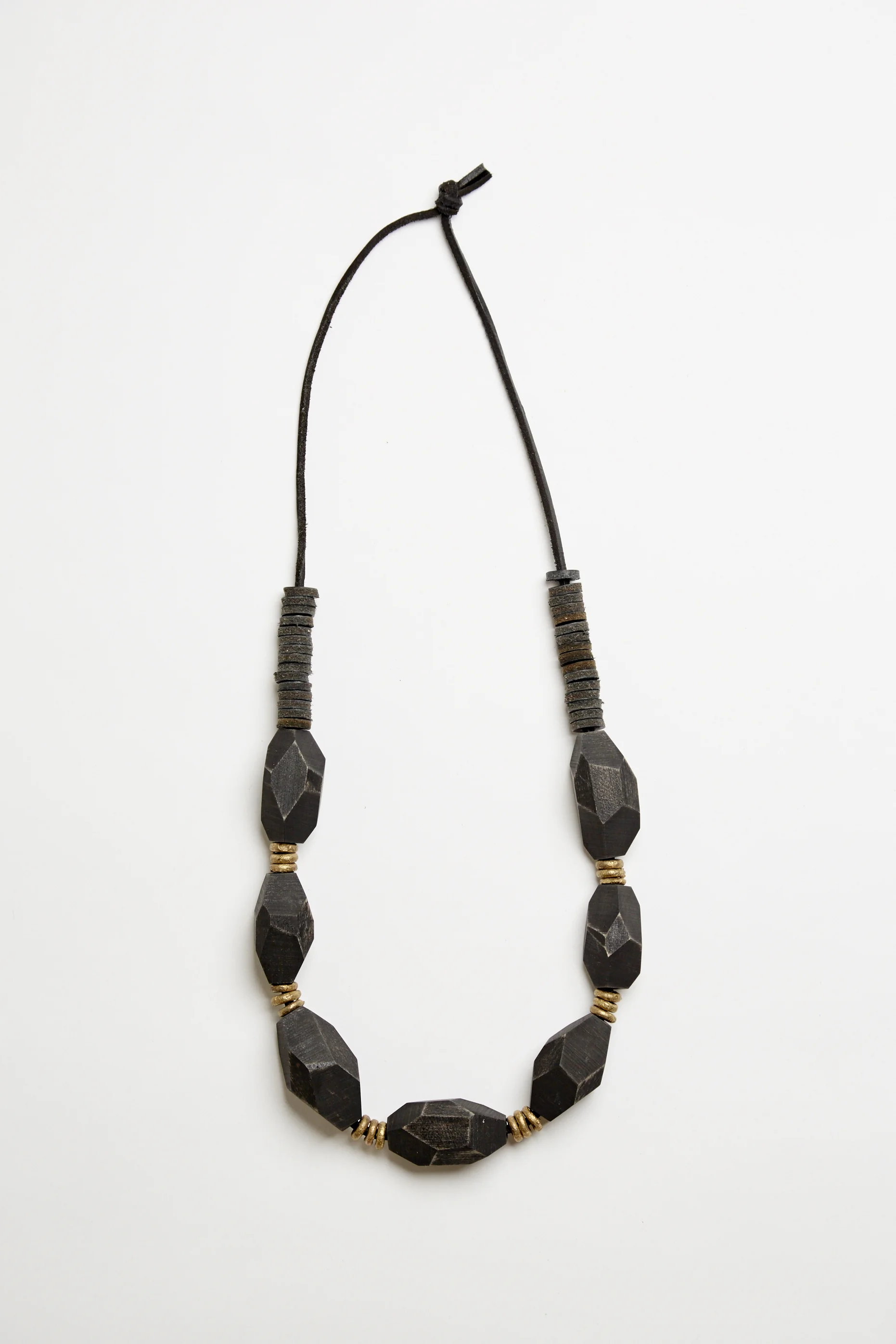black maple, leather, and brass bead necklace