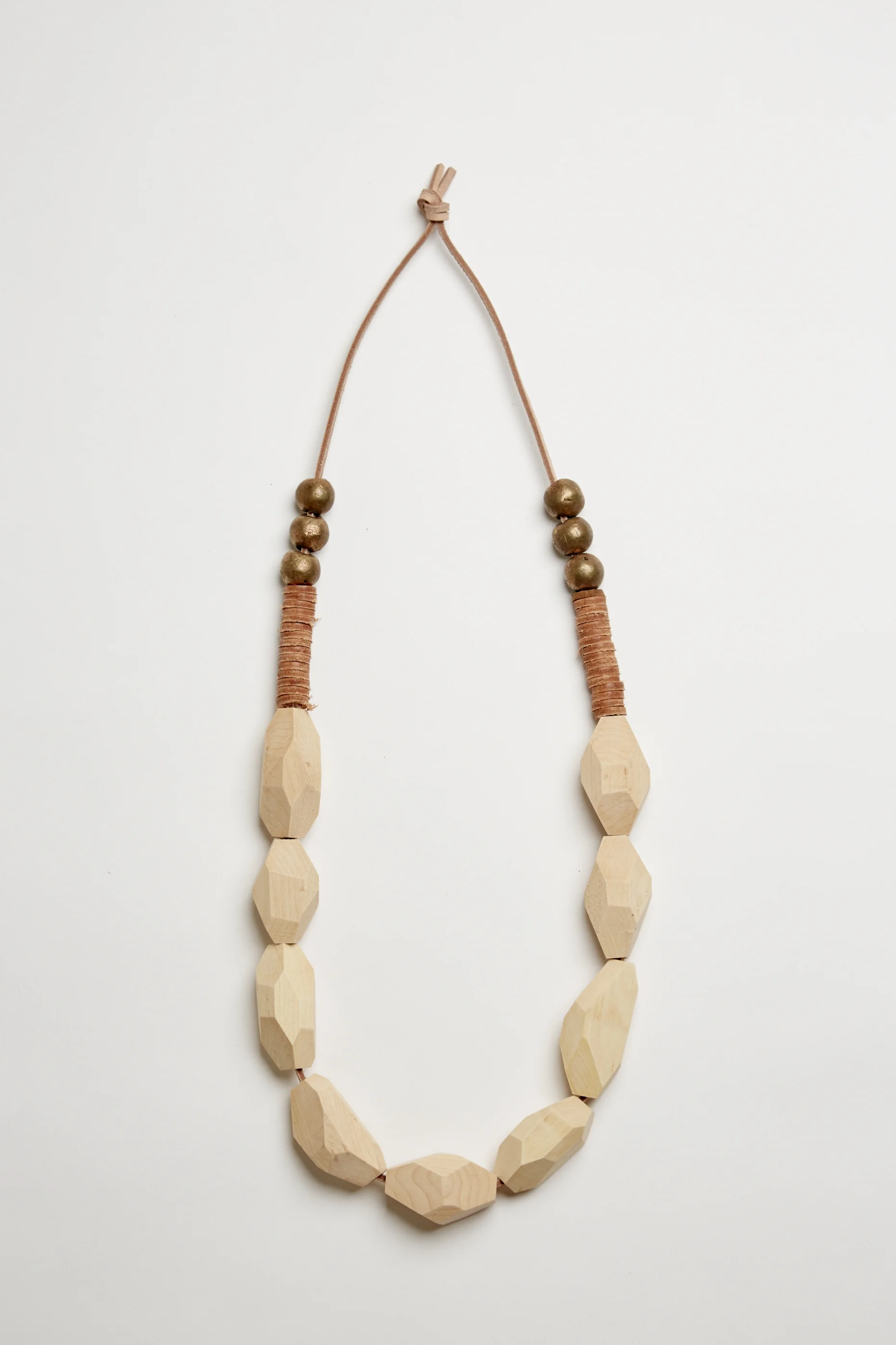 maple, leather, and brass bead necklace