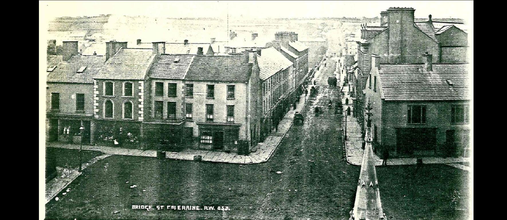 A view down Bridge street Coleraine in the late 1800's. Bishops is located in the left block, second from the right