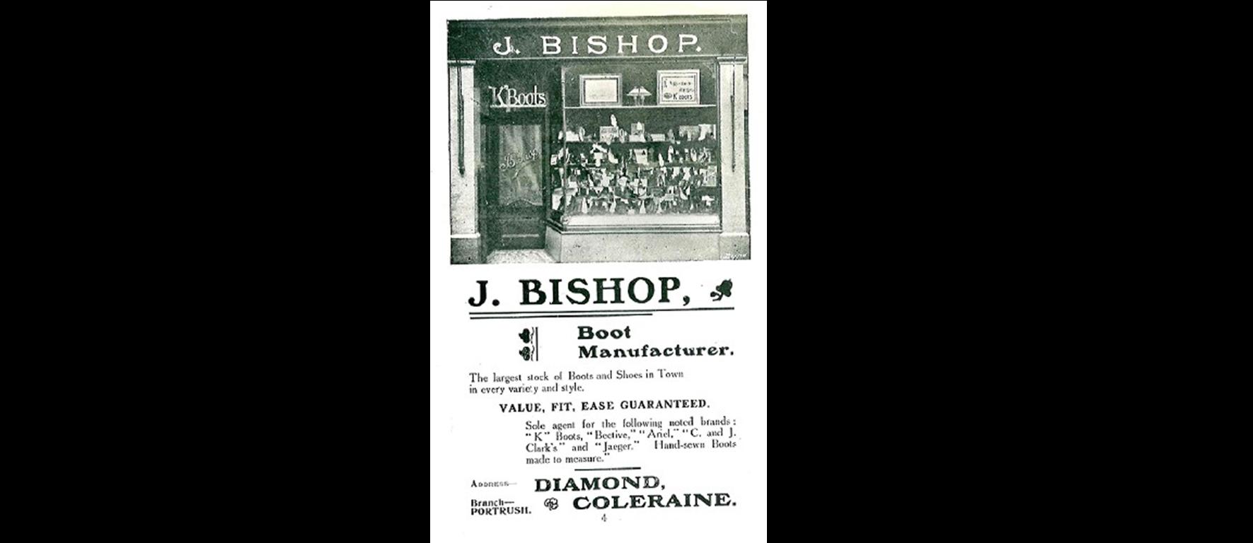 An advert for J. Bishop (James) published in a guide to Coleraine from 1910 